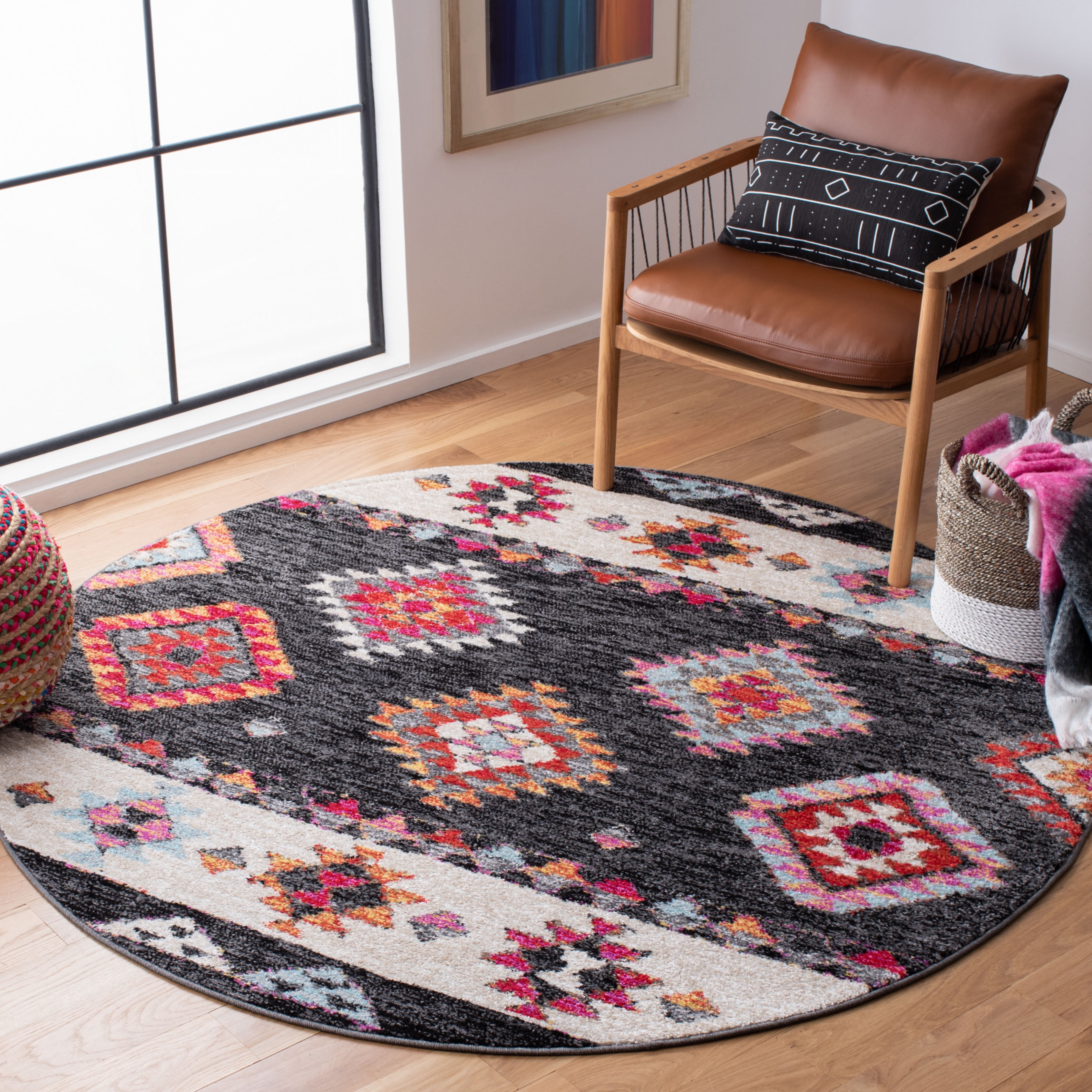 SAFAVIEH Adirondack Caiden Southwest Area Rug, Black/Red, 6' x 6' Round