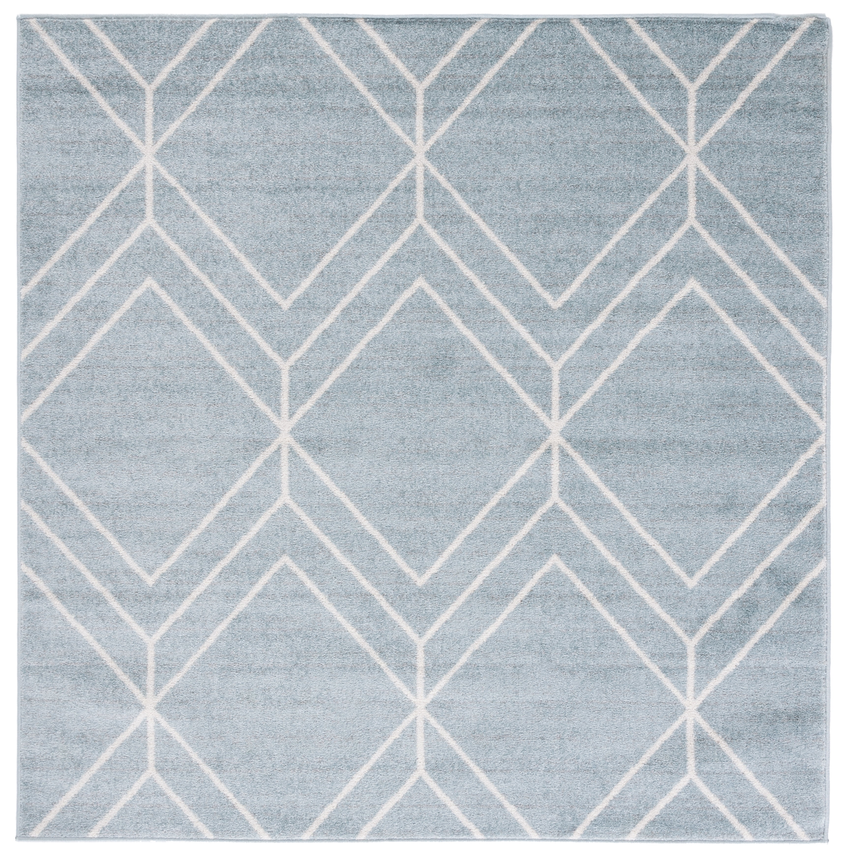 Ivory and Blue Geometric Square Synthetic Rug - 4' Hand-Knotted
