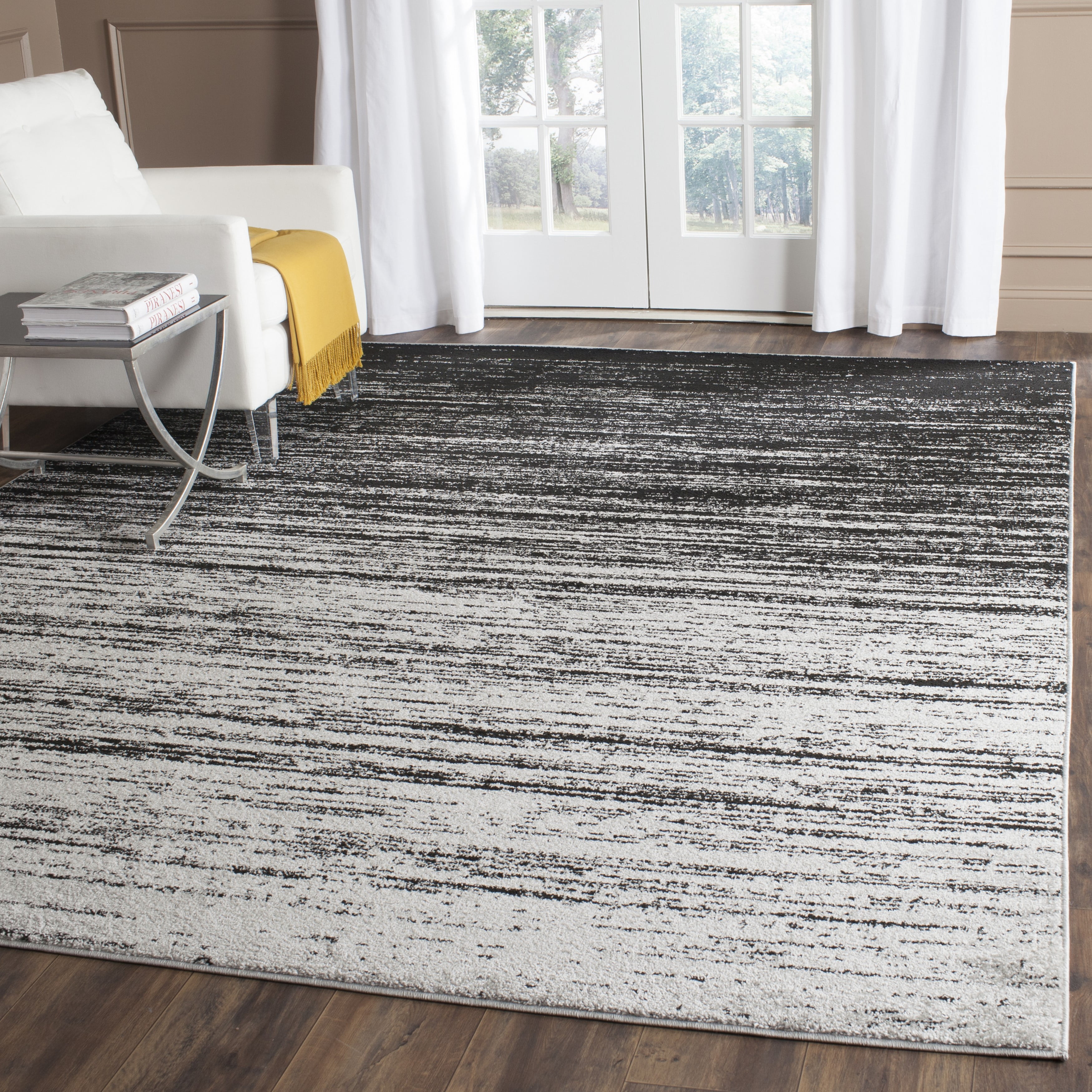 Silver and Black Abstract Low Pile Area Rug, 9' x 12'