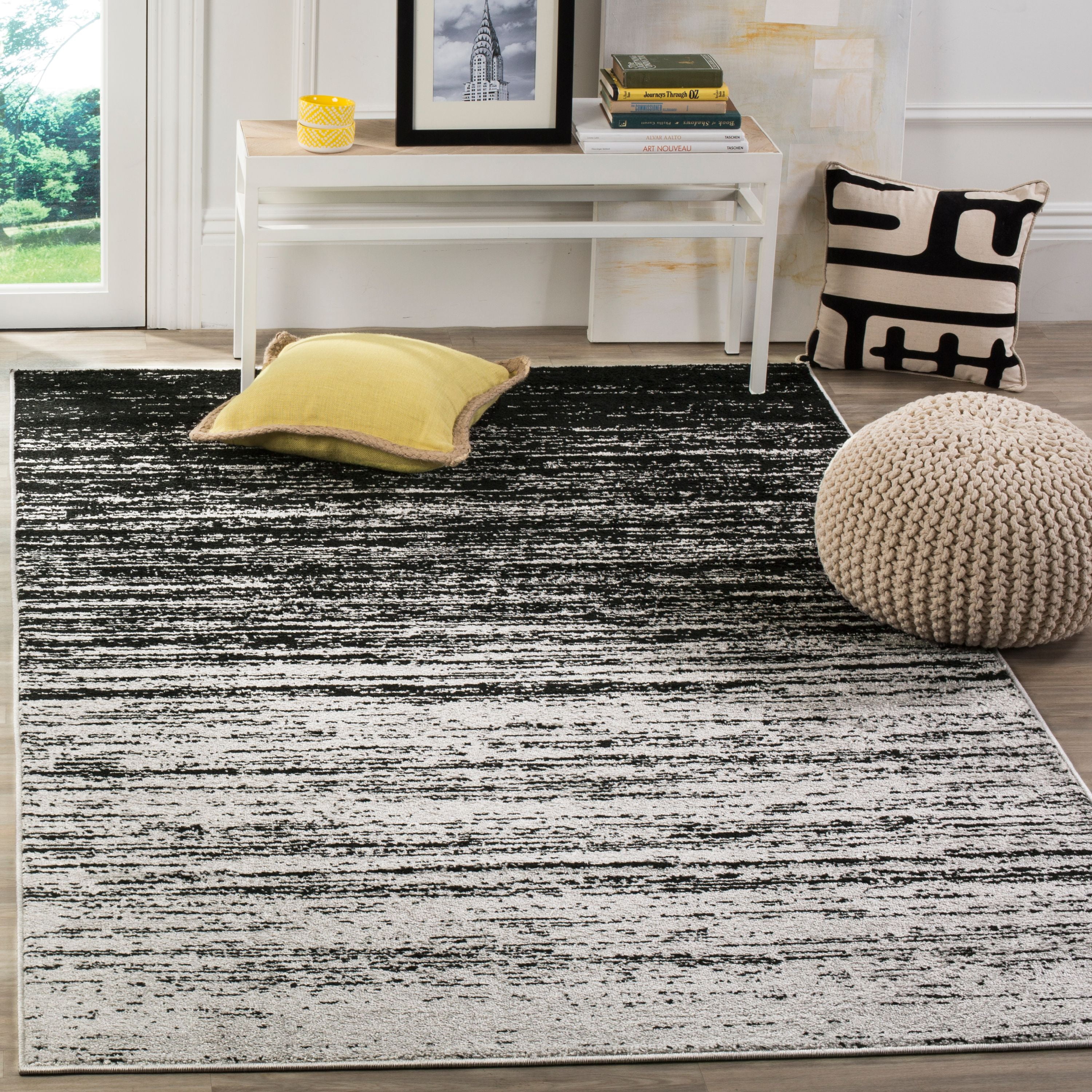 Silver and Black Striped Synthetic Square Area Rug
