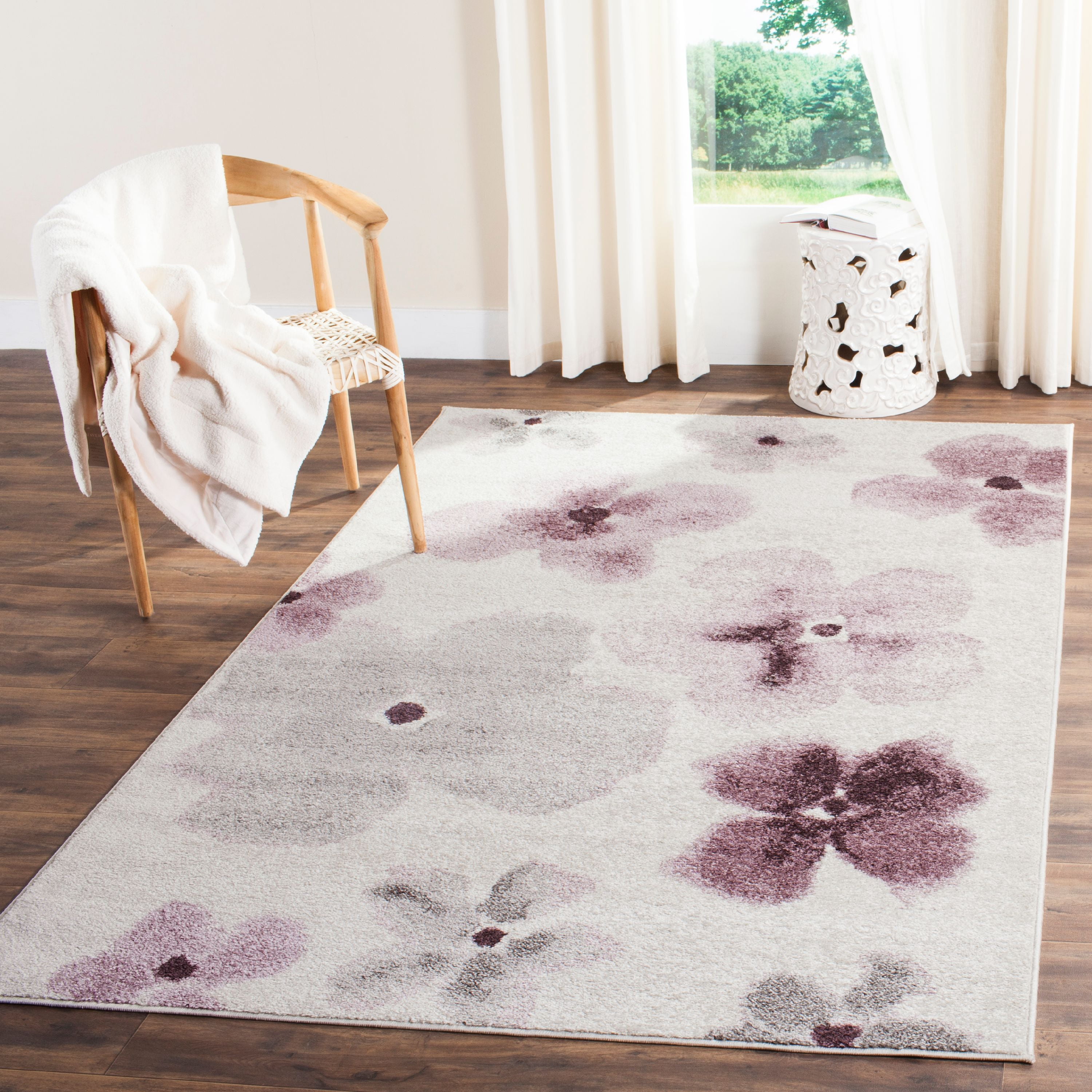 Ivory and Purple Floral Synthetic 5' x 7' Area Rug