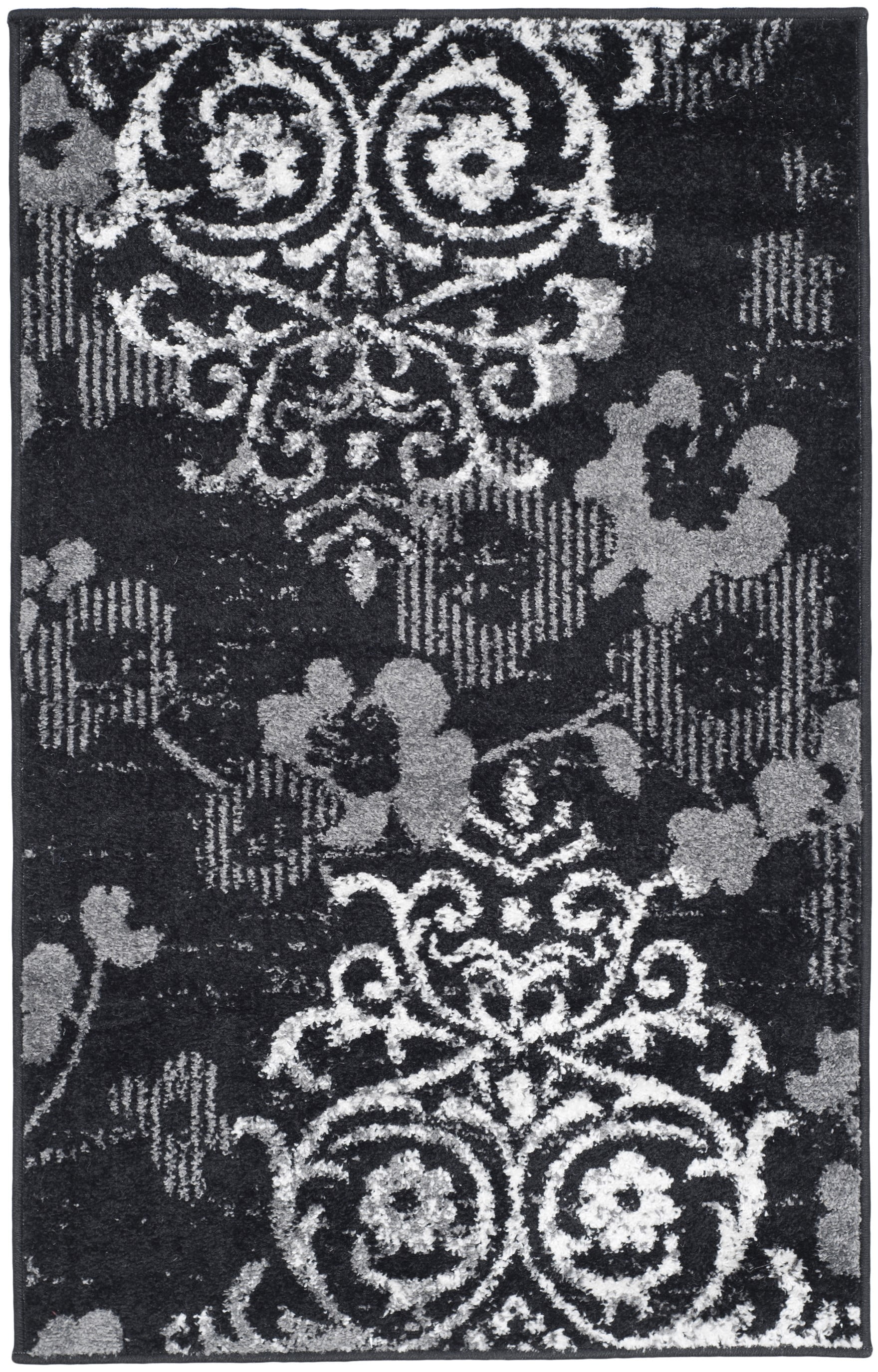 Black and Gray Floral Damask Rectangular Area Rug