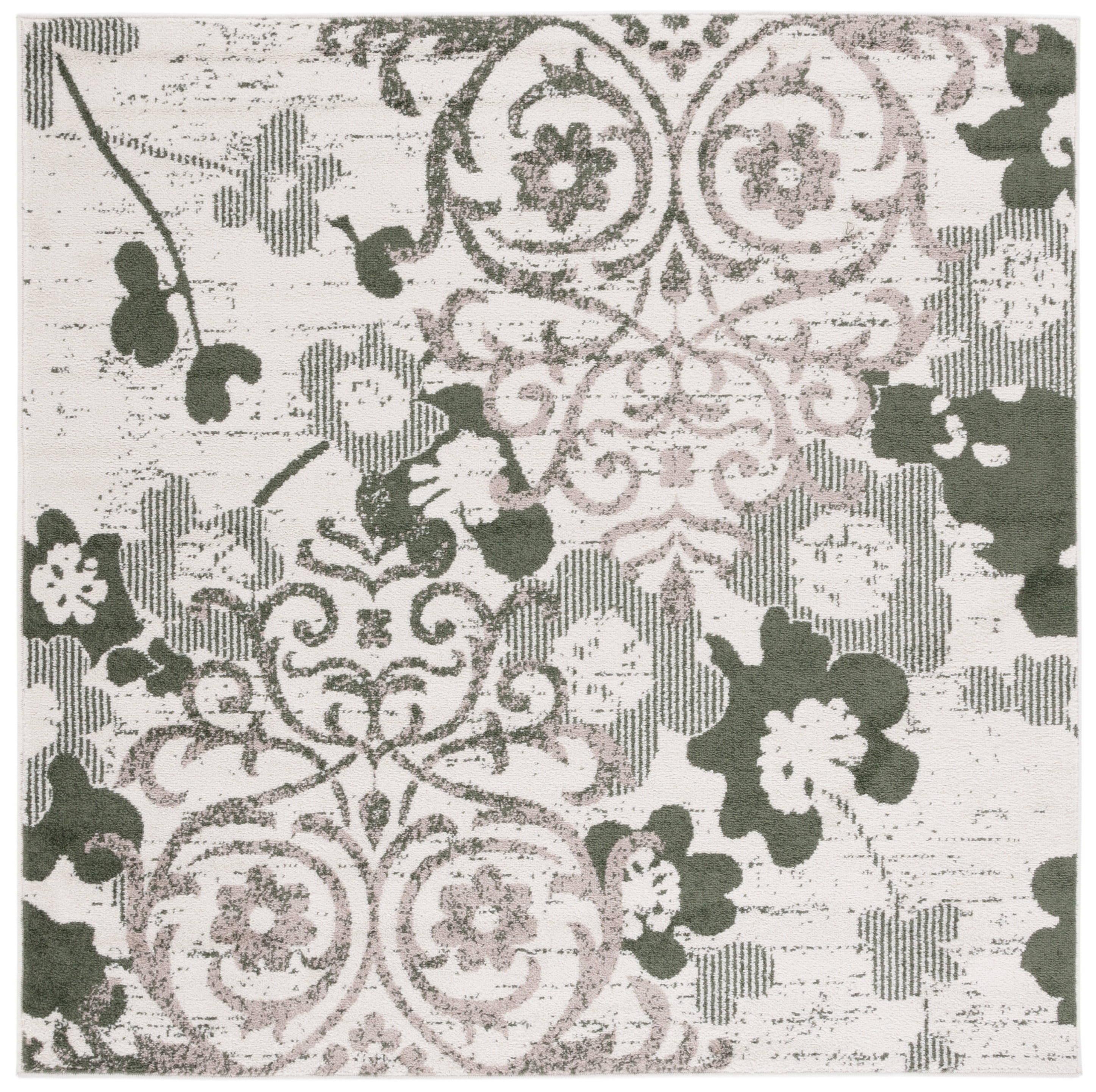 Ivory and Dark Green Floral Square Area Rug, 6' x 6'