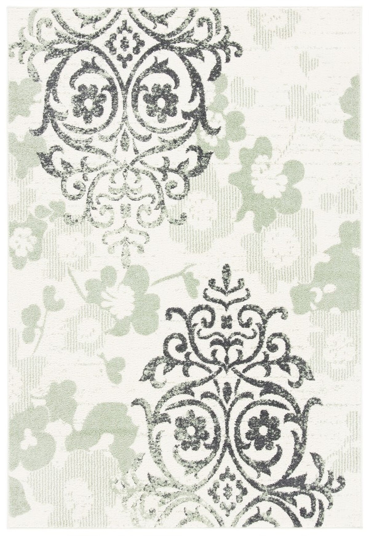 Ivory and Green Floral Damask 6' x 9' Synthetic Area Rug