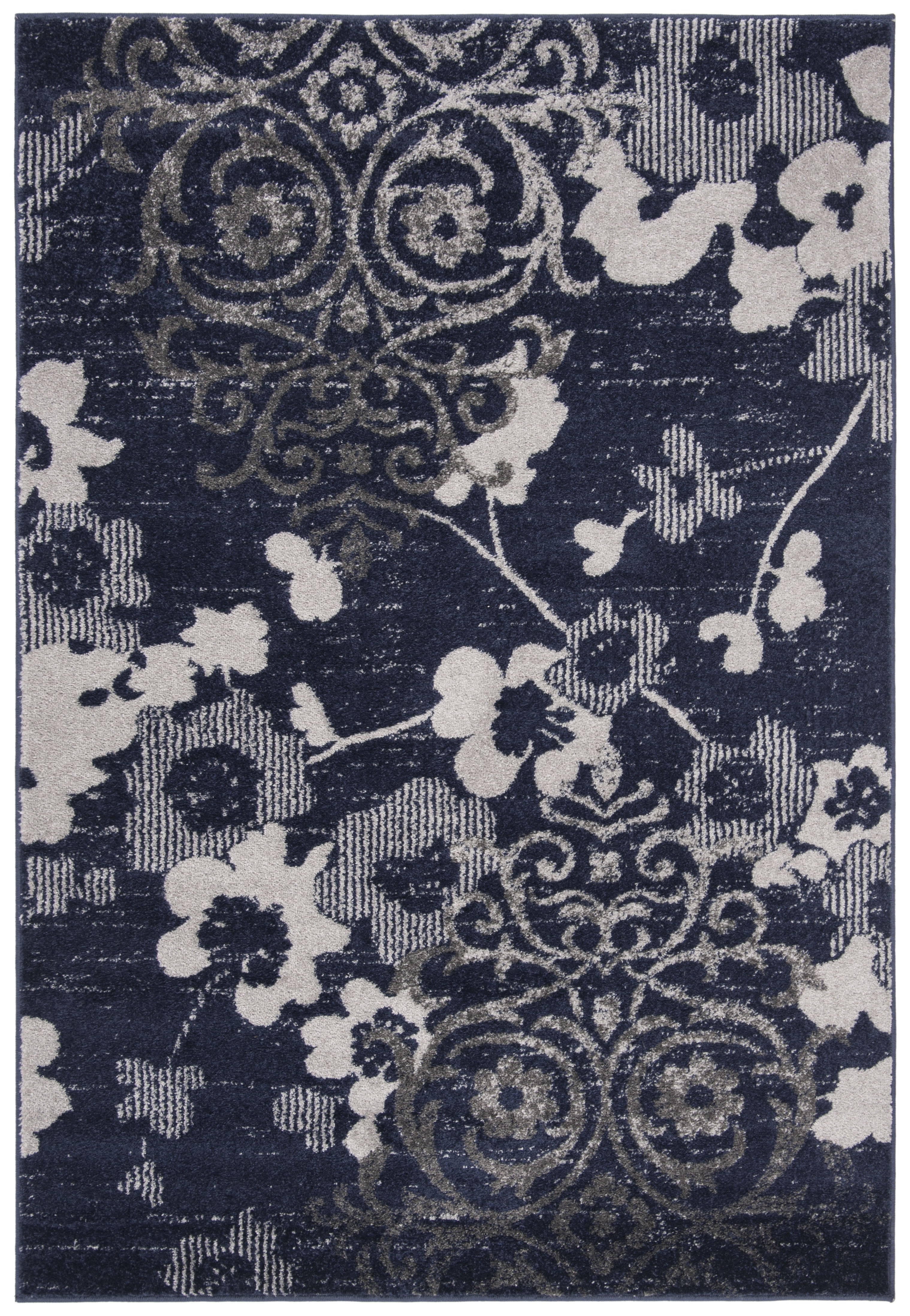 Navy and Silver Floral Synthetic Rectangular Area Rug, 8' x 10'