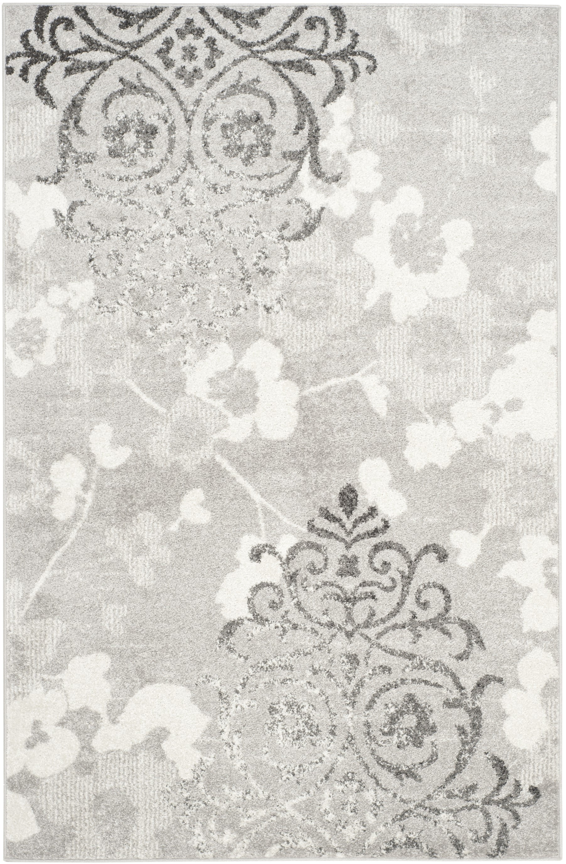 Silver and Ivory Floral Reversible 4' x 6' Synthetic Rug