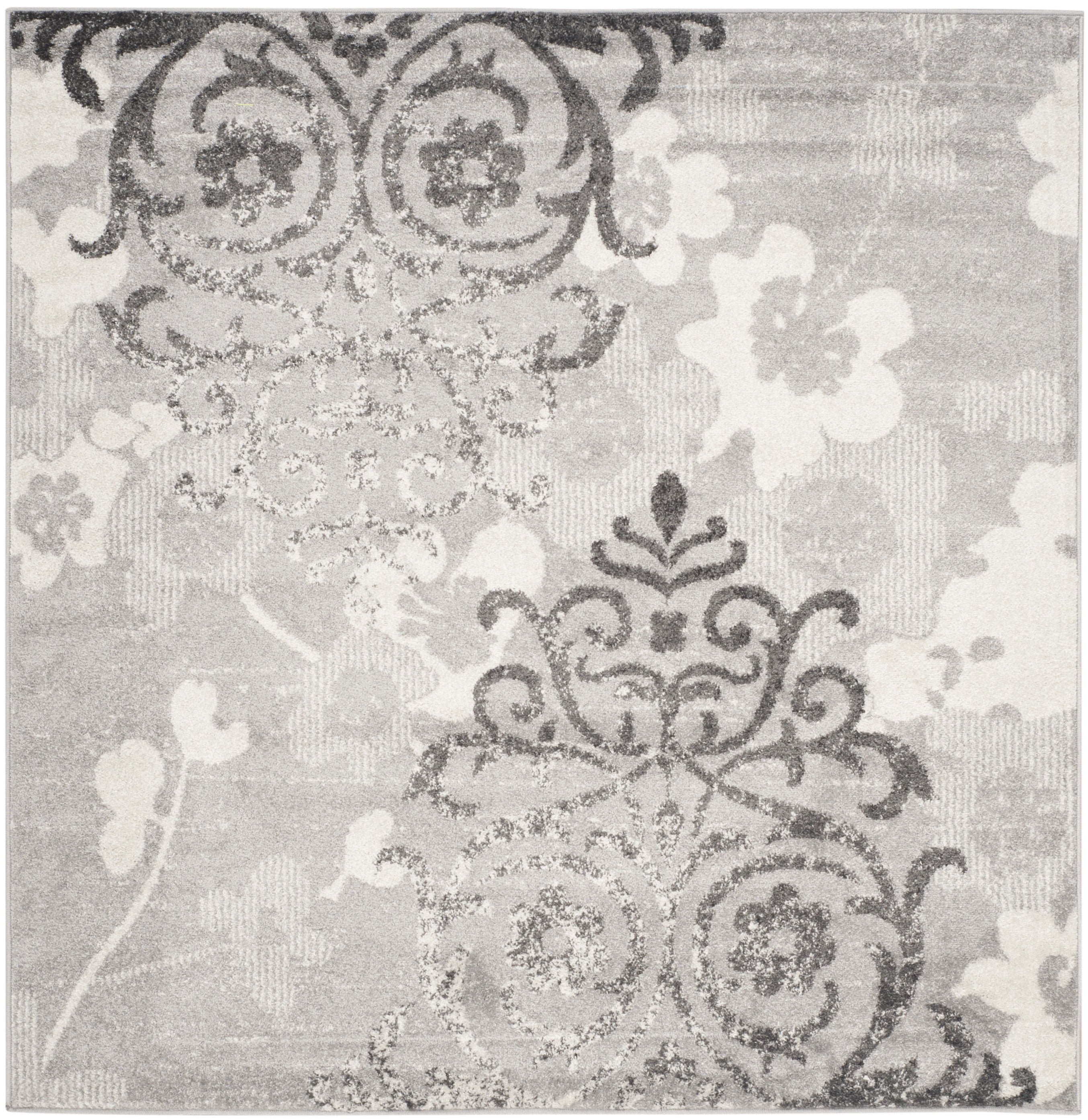 Elegant Silver/Ivory Floral 6' Square Synthetic Reversible Rug