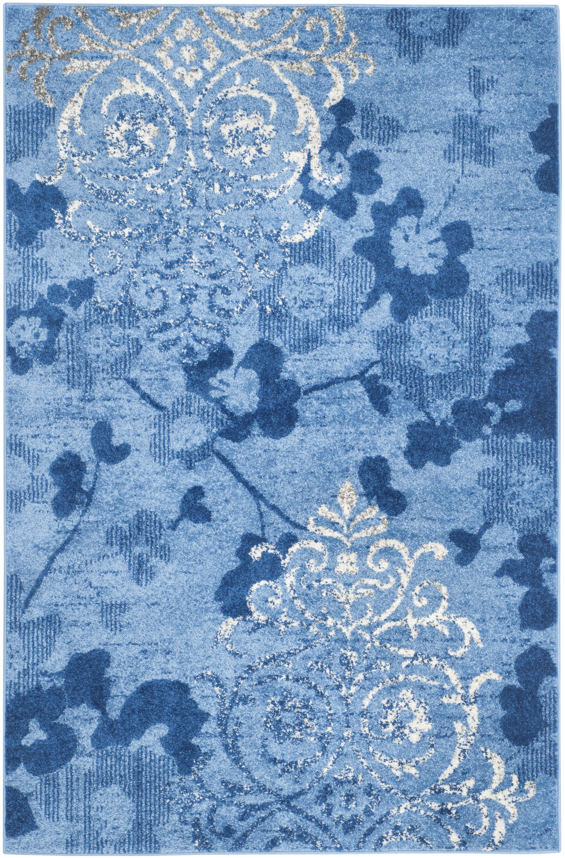 Adirondack Light Blue and Dark Blue Floral Area Rug, 6' x 9'