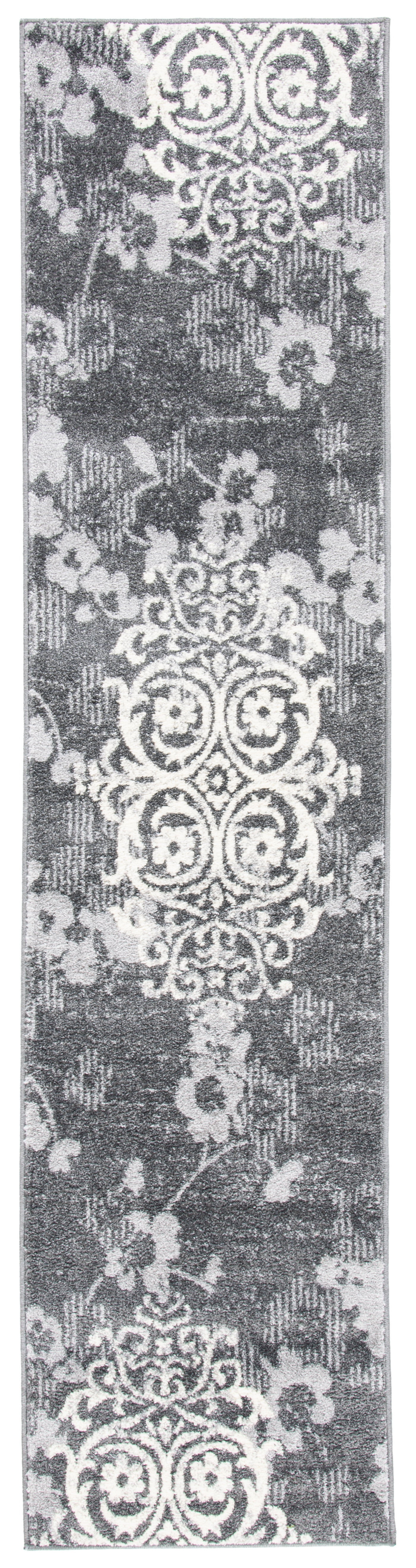 Charcoal and Ivory Floral High Pile Runner Rug