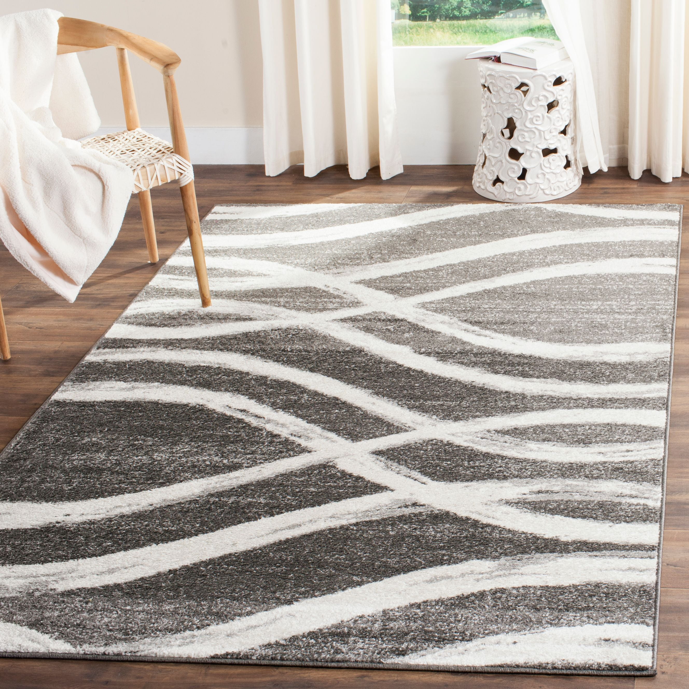 Charcoal and Ivory Geometric Wave 11' x 15' Area Rug