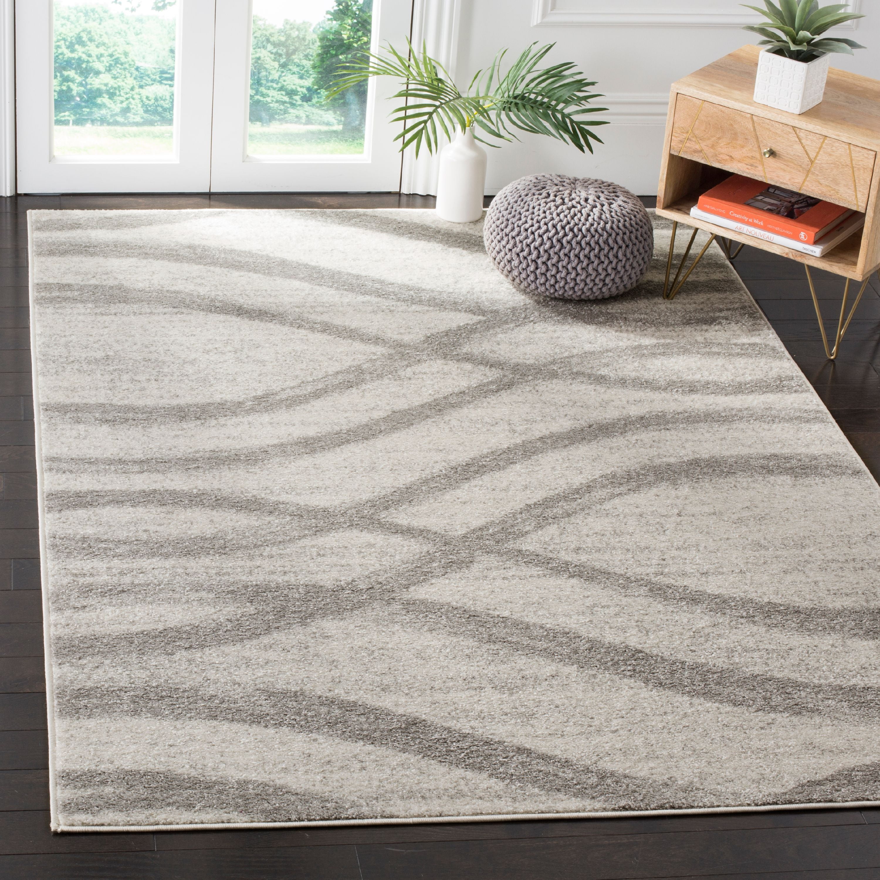 Reversible Cream/Grey Synthetic Square Rug 47" Easy Care