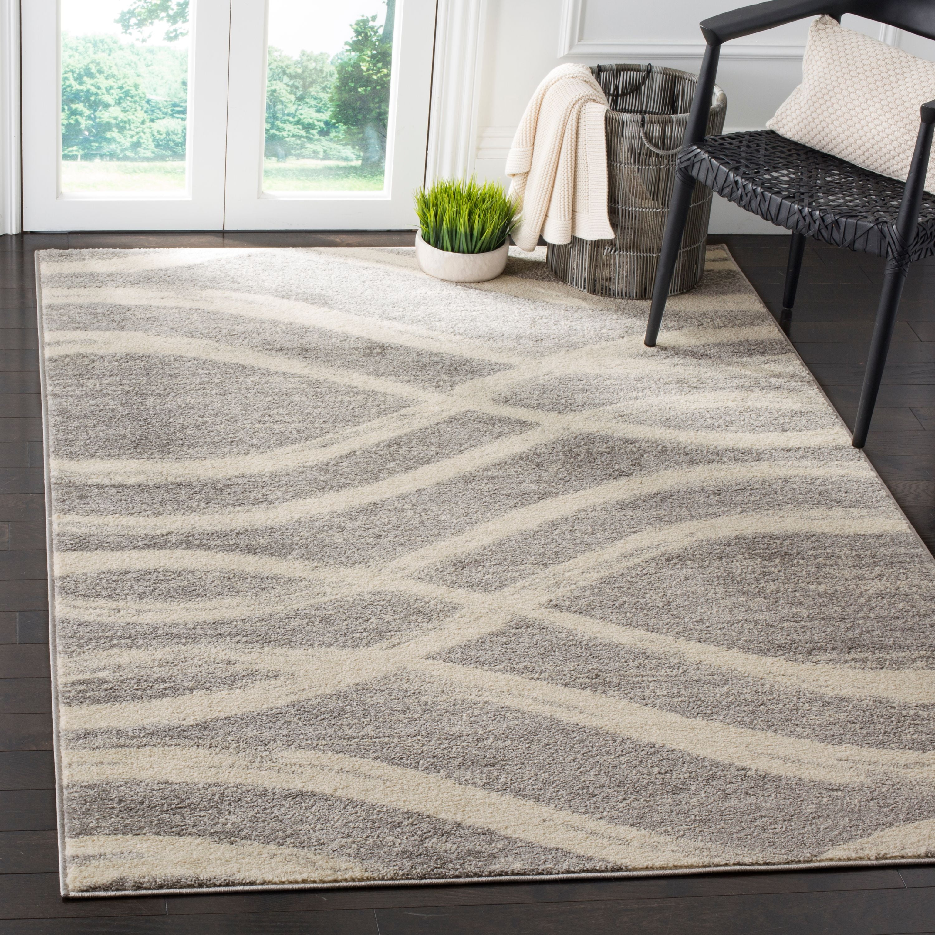Grey and Cream Synthetic Square Area Rug, 6' x 6'
