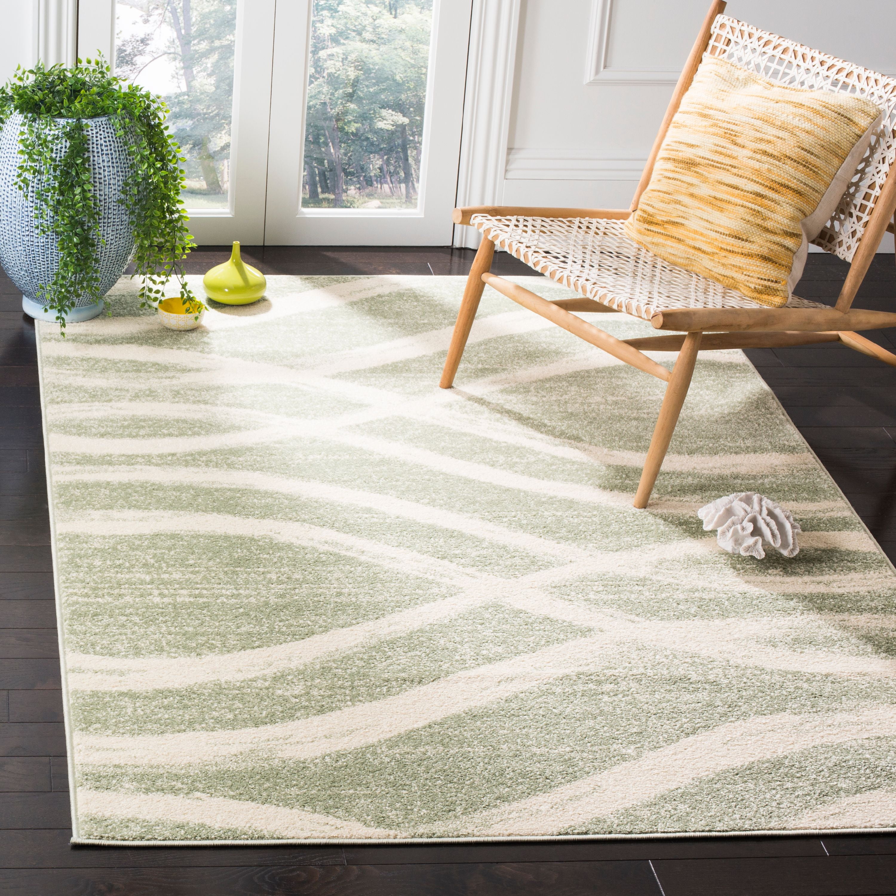 Sage and Cream Square Hand-knotted Synthetic Area Rug