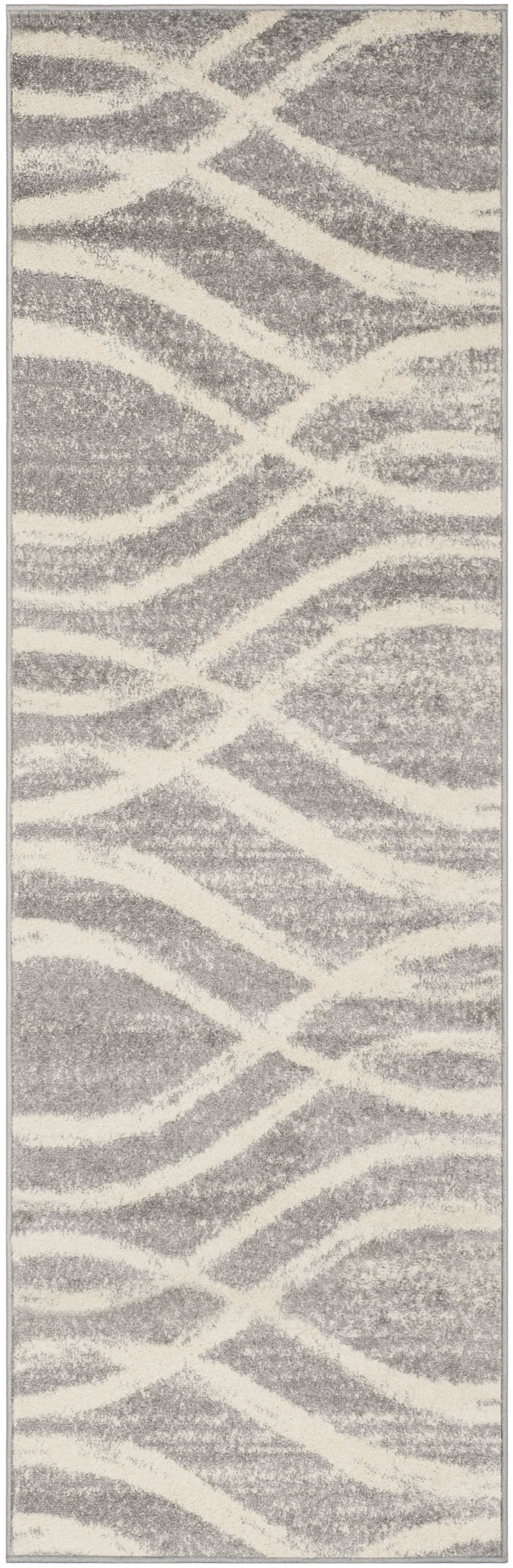 Grey and Cream Wave Pattern Synthetic Runner Rug