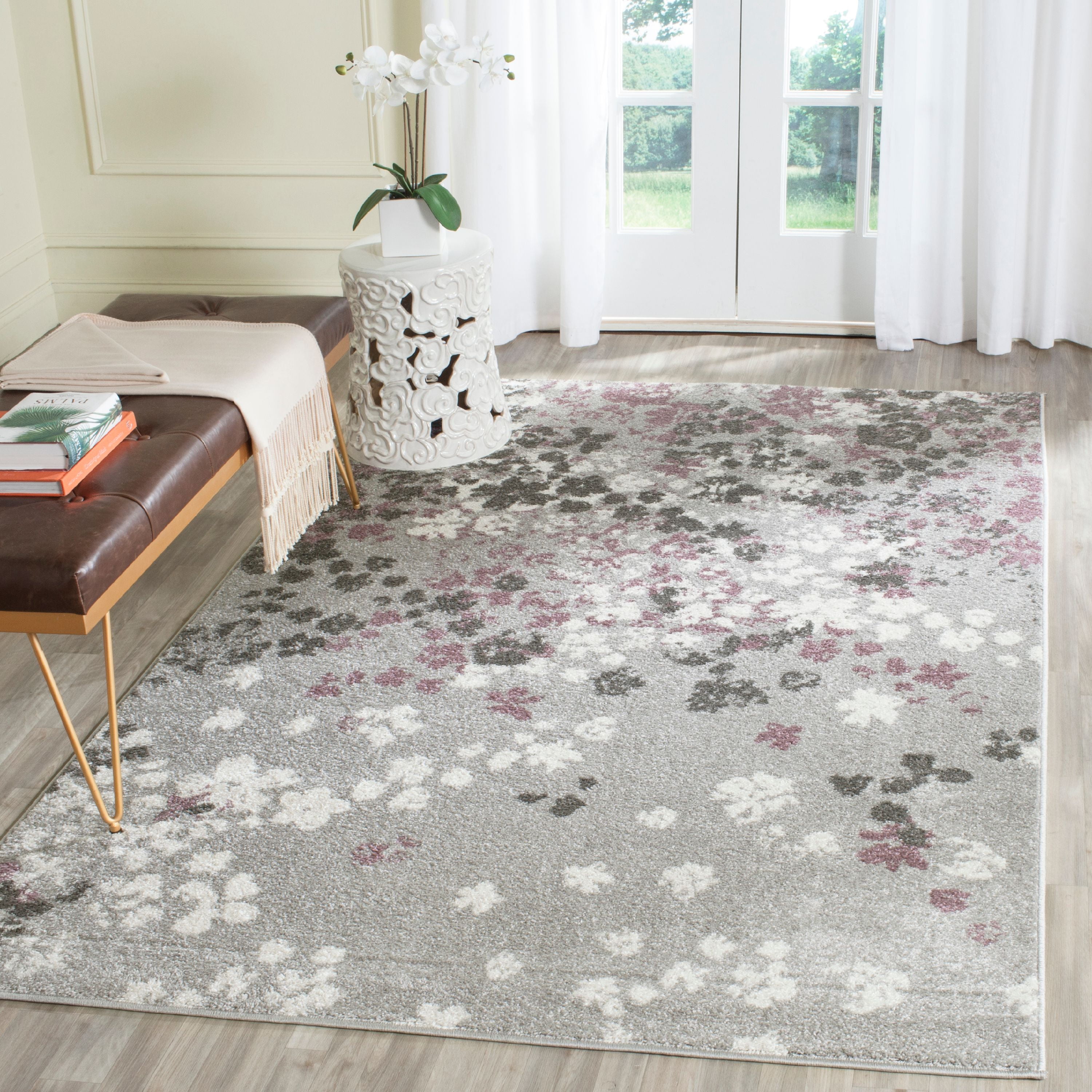 Elysian Light Grey/Purple Floral Synthetic Rectangular Rug - 2'6" x 4'