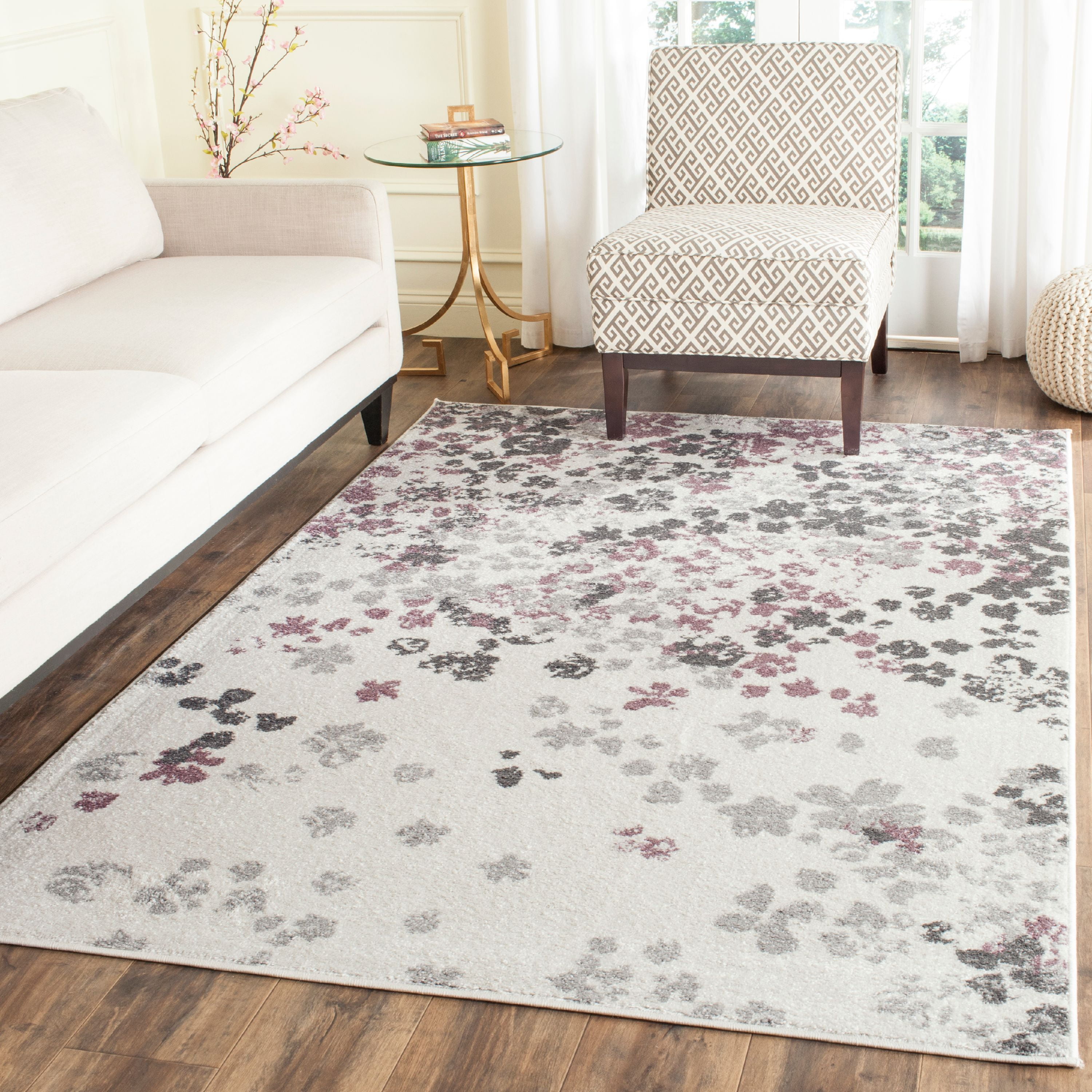 Ivory & Purple Floral Square Easy-Care Synthetic Rug - 8' x 8'