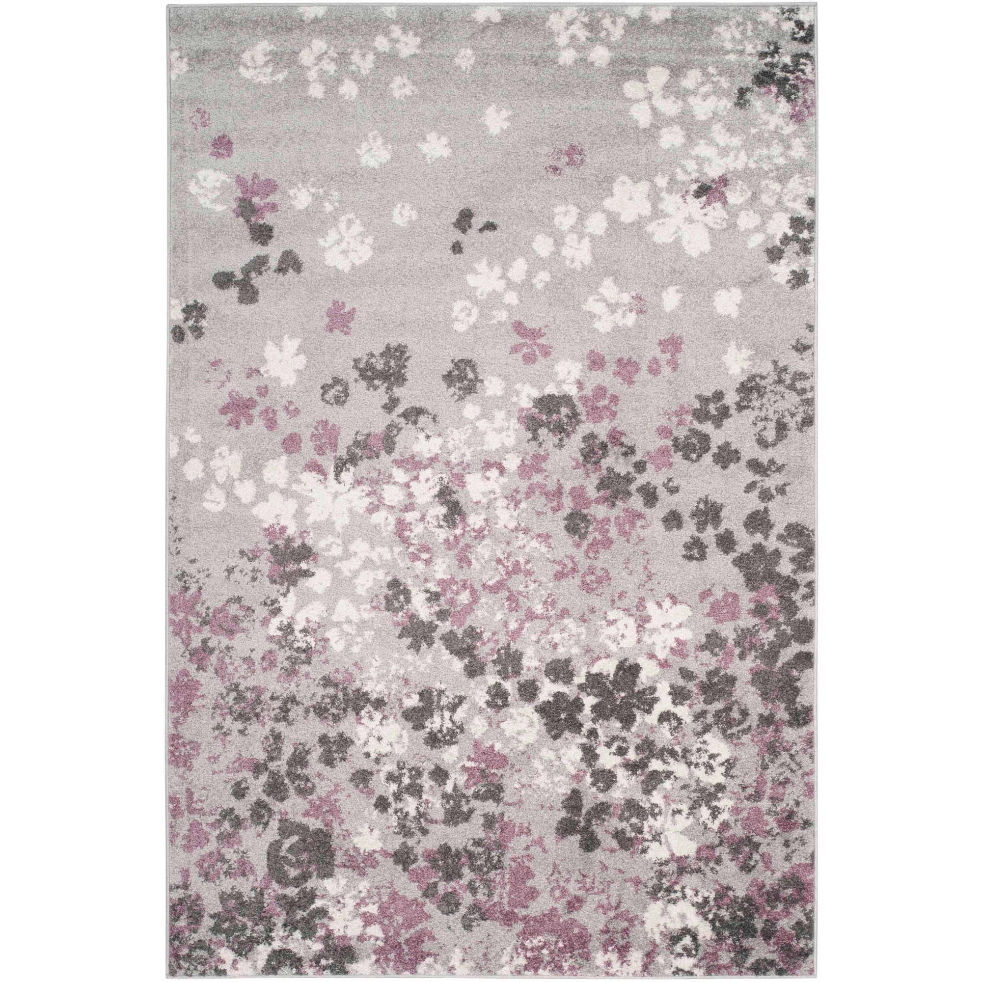 Light Grey and Purple Floral Synthetic 4' x 6' Area Rug