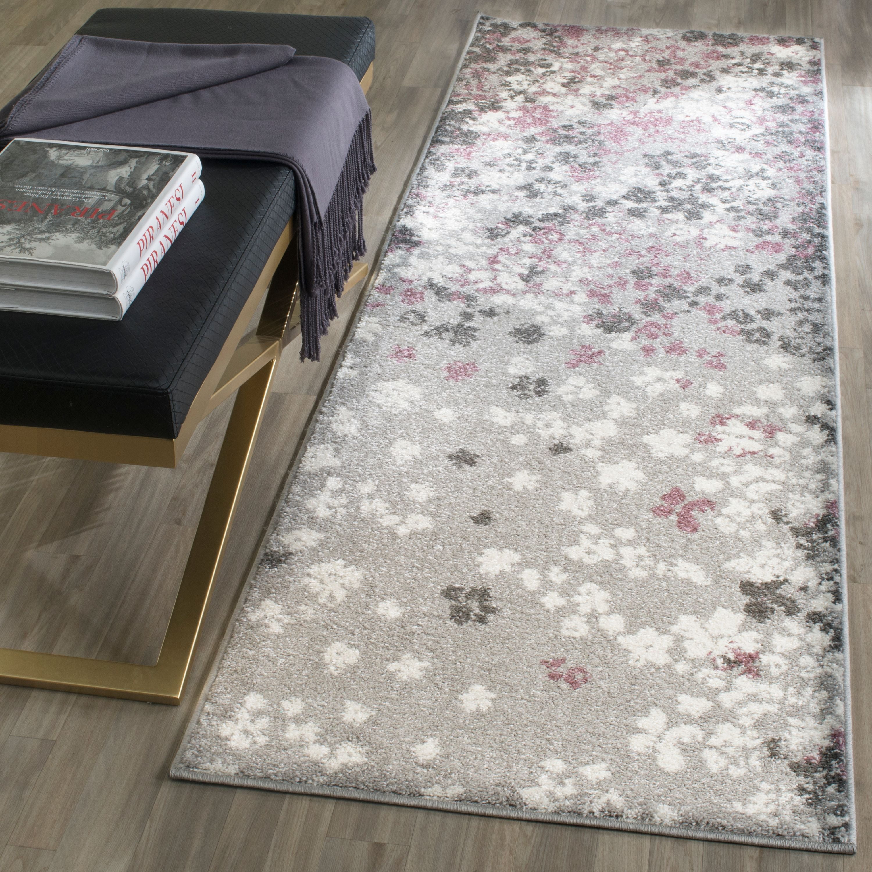 Light Grey and Purple Floral Synthetic Runner Rug