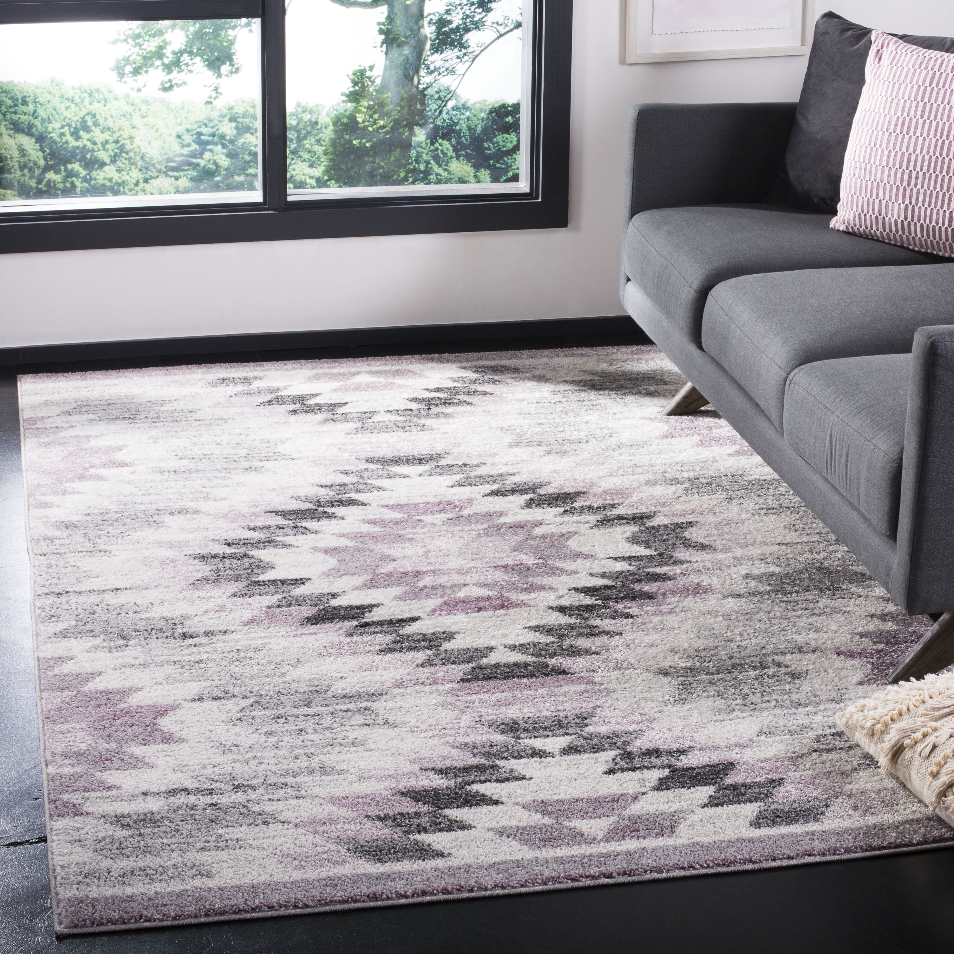 Plum and Ivory Geometric Square Synthetic Area Rug, 7'x7'