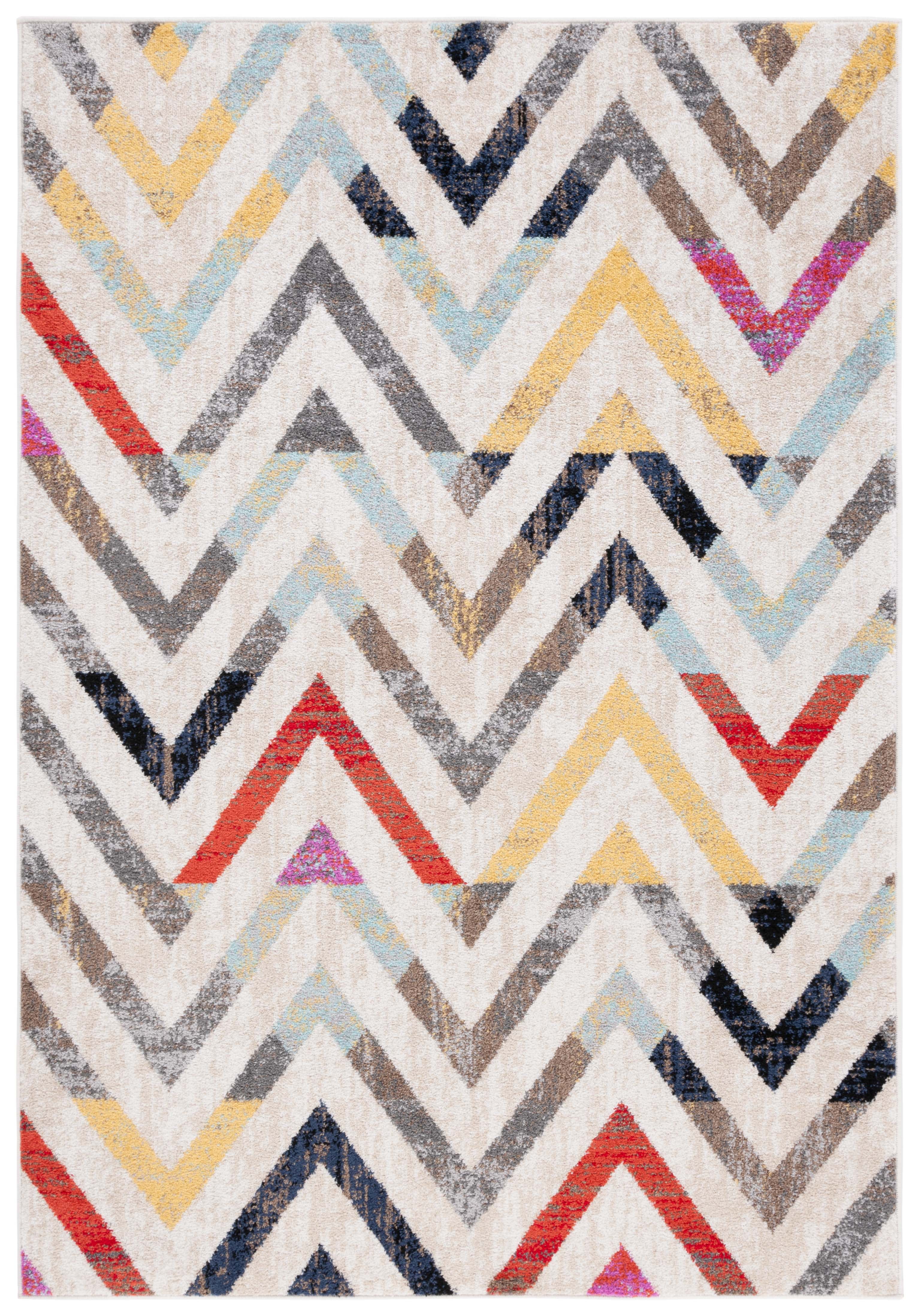 Ivory Multicolor Chevron Pattern Synthetic Area Rug