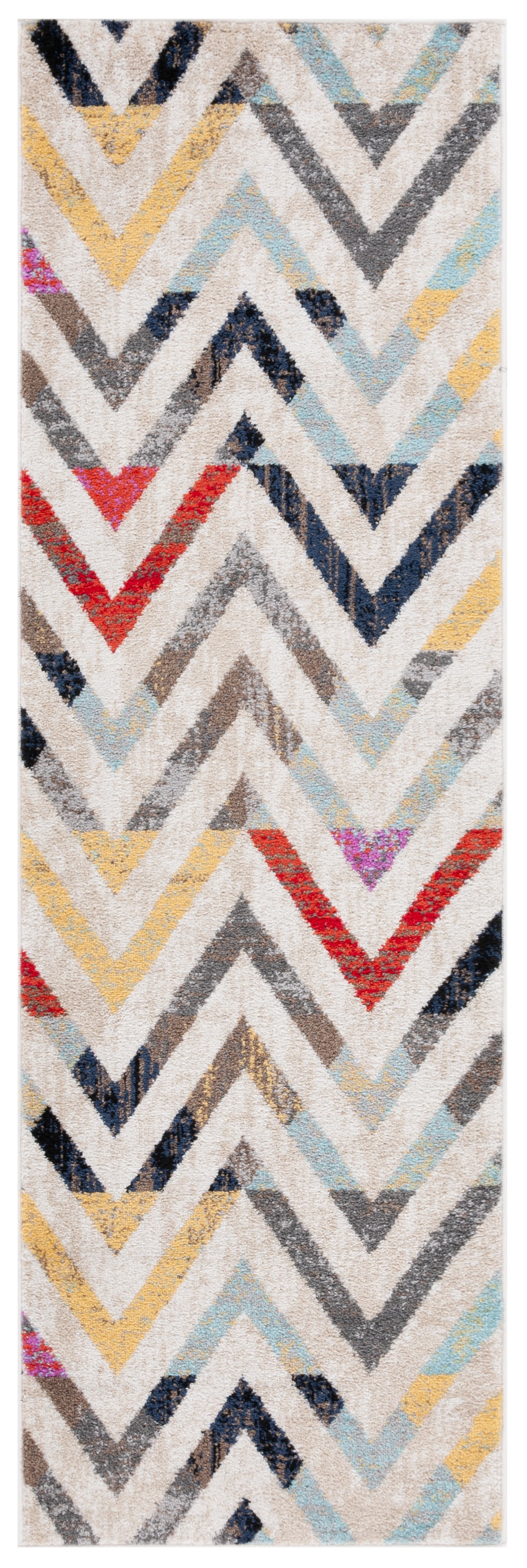 Ivory Chevron Pattern Synthetic Runner Rug