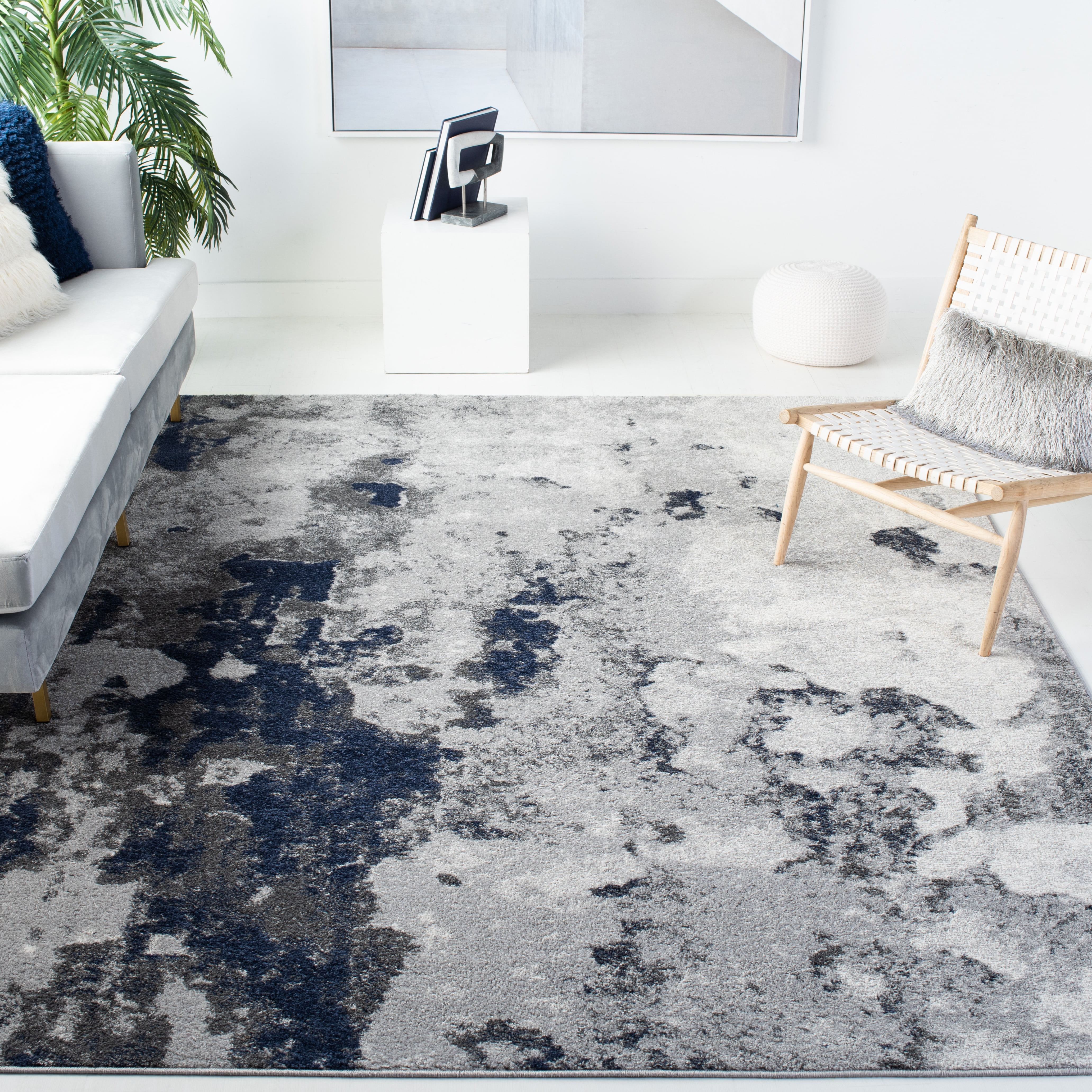 Navy and Grey Abstract 8' x 10' Synthetic Area Rug