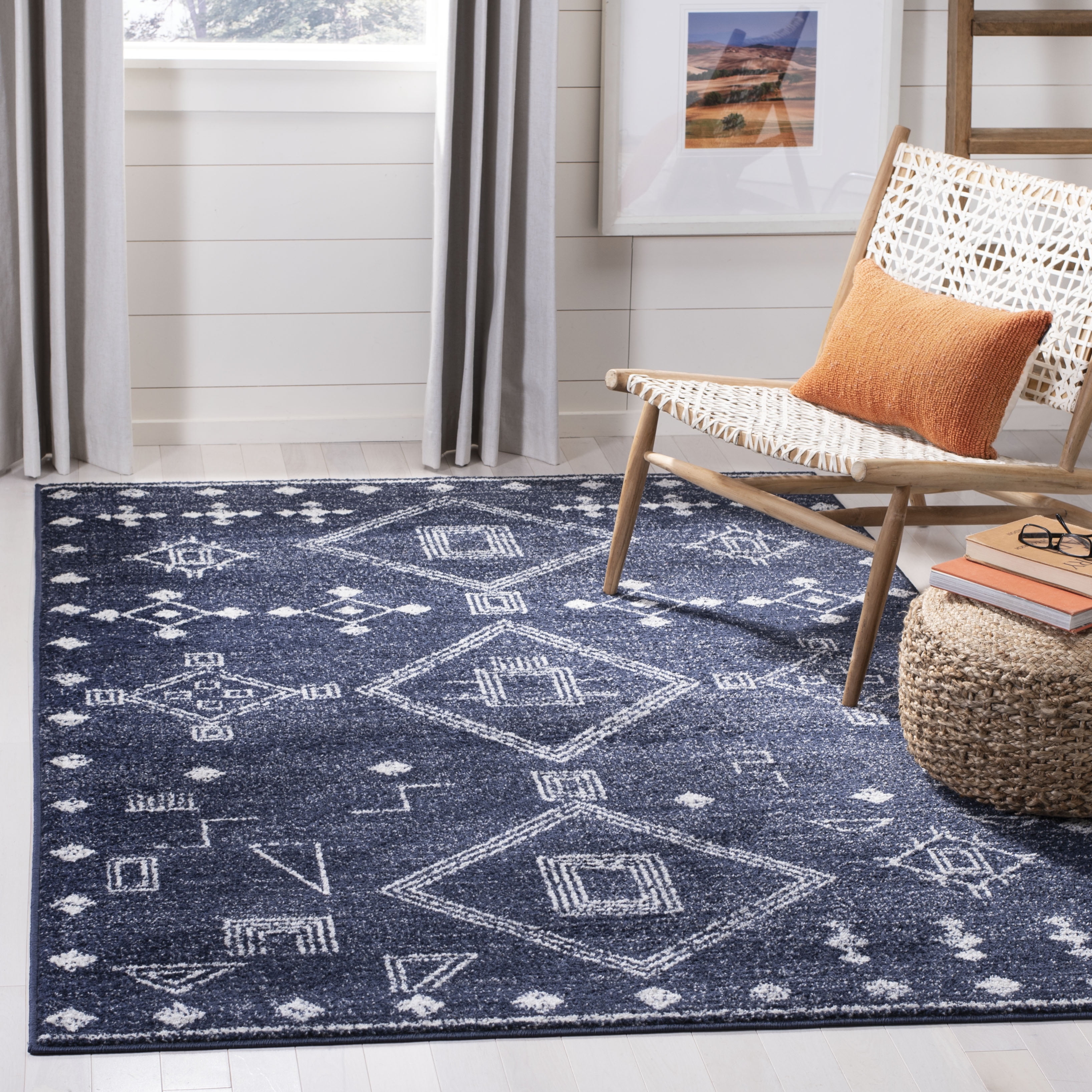 Navy and Silver Moroccan Boho Synthetic Area Rug