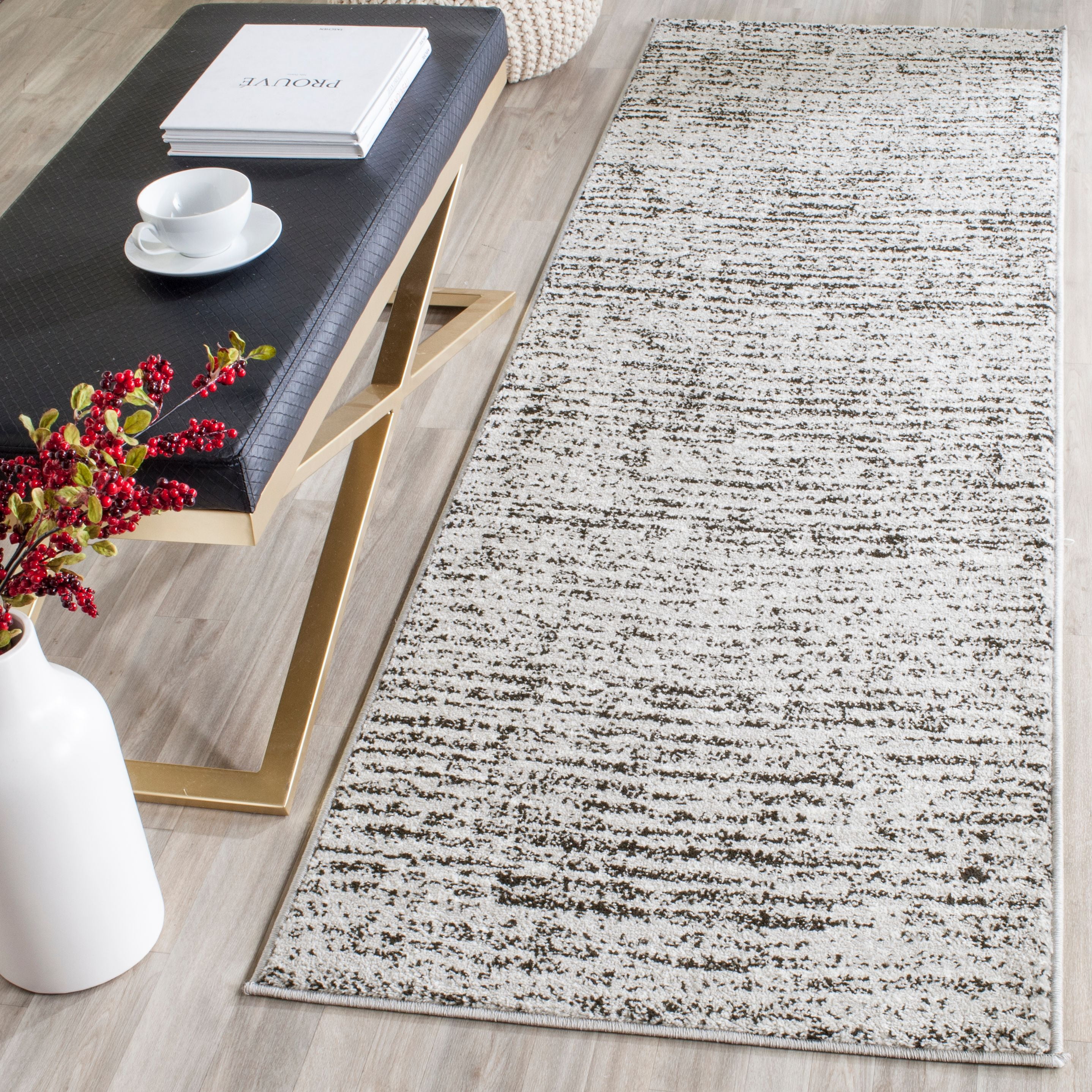 Adirondack Black and Silver Striped Synthetic Area Rug