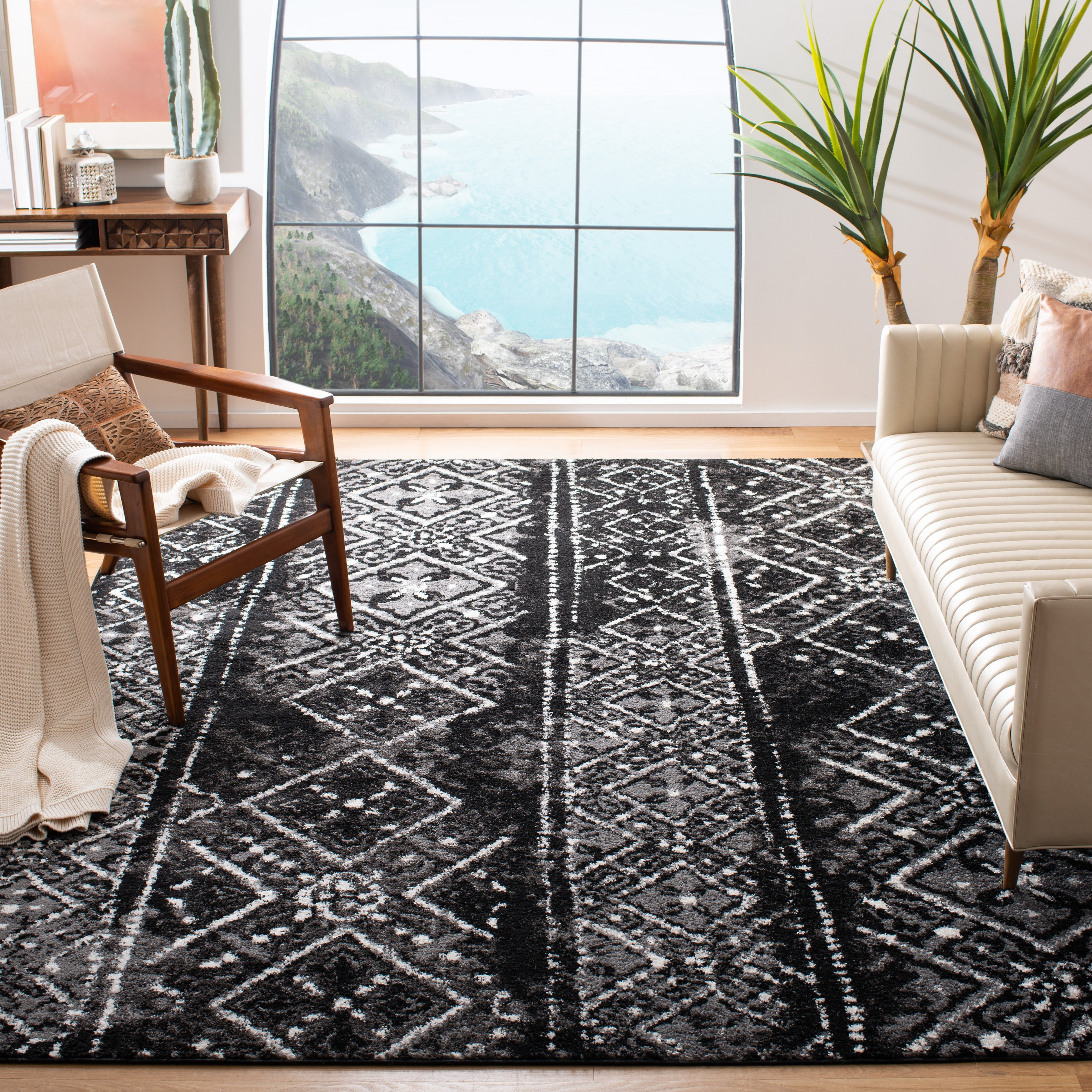 Hand-Knotted Black and Silver Rectangular Synthetic Rug, 9' x 12'