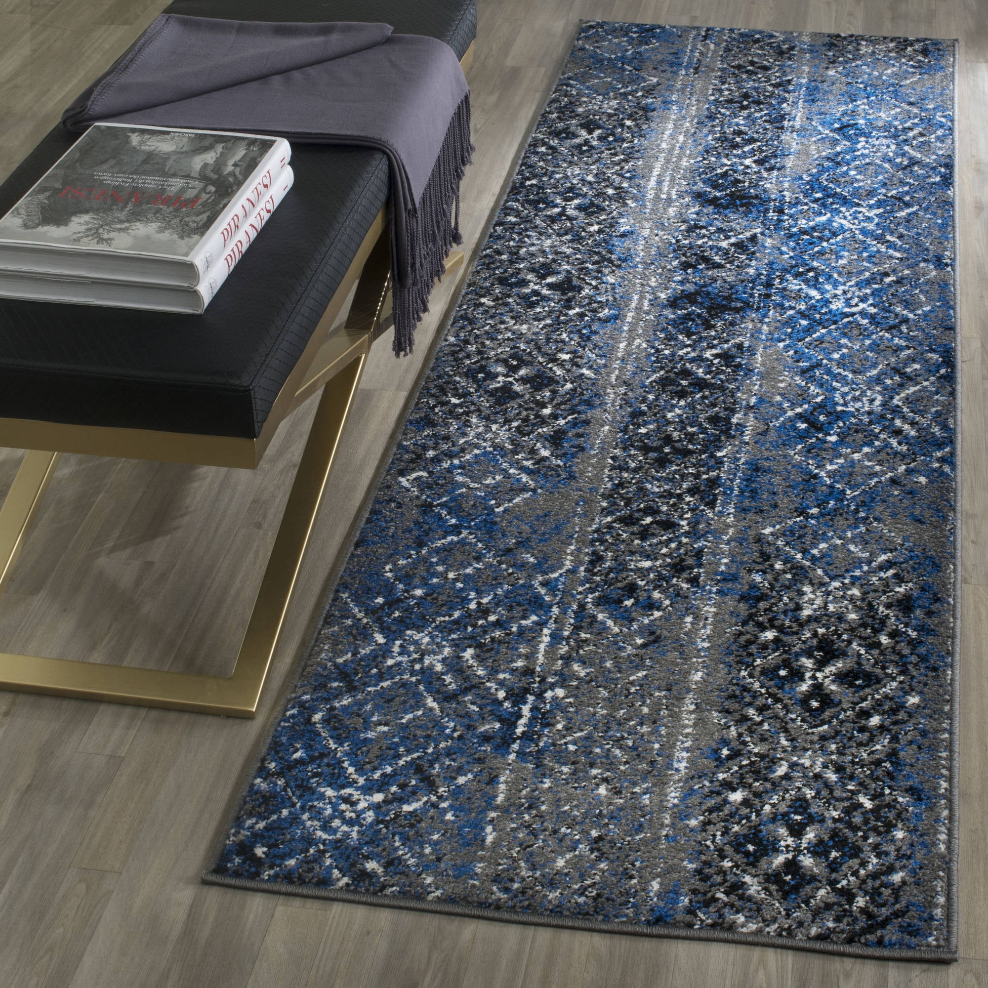 Blue and Silver Geometric Patterned Rectangular Area Rug