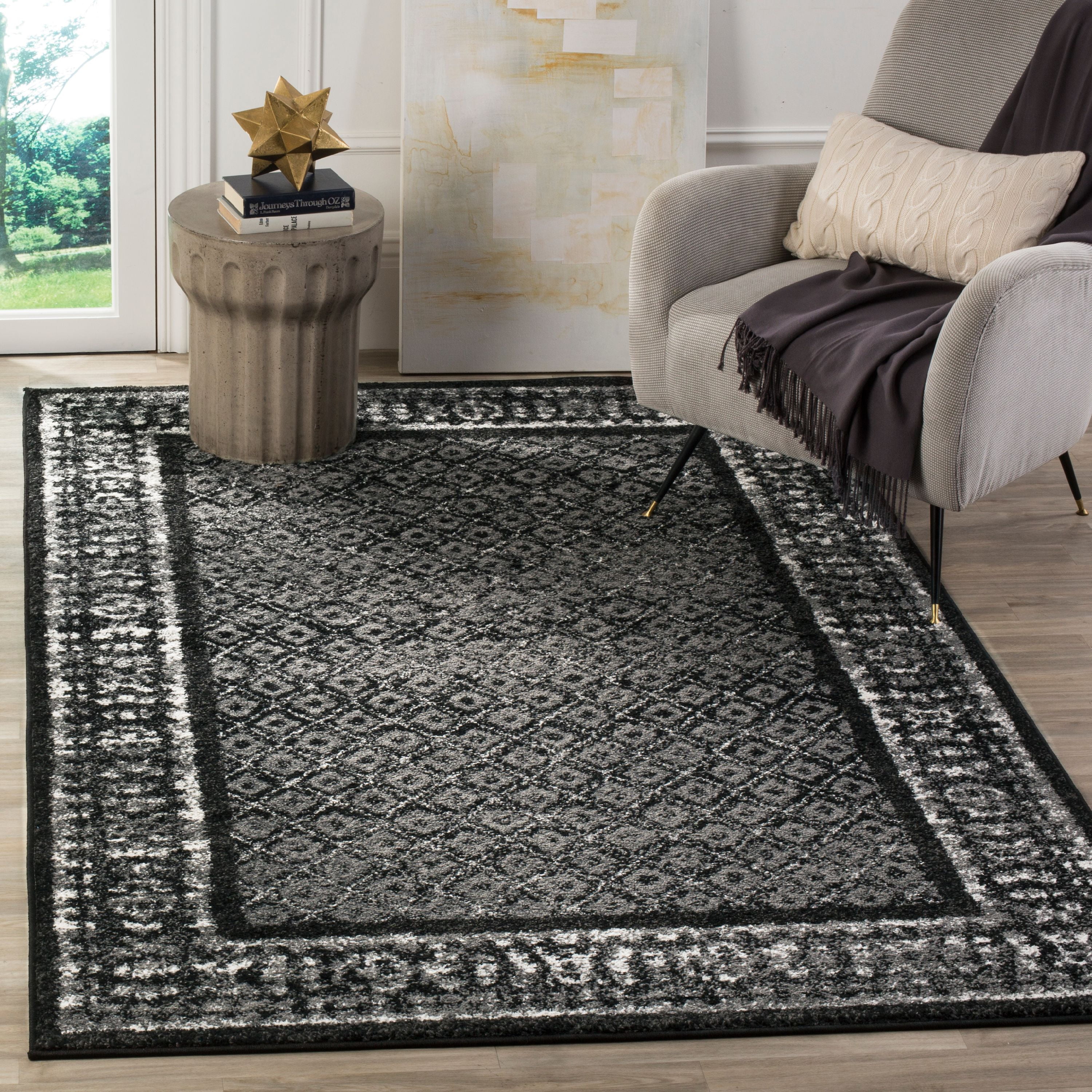 Black and Silver Square Patterned Synthetic Rug