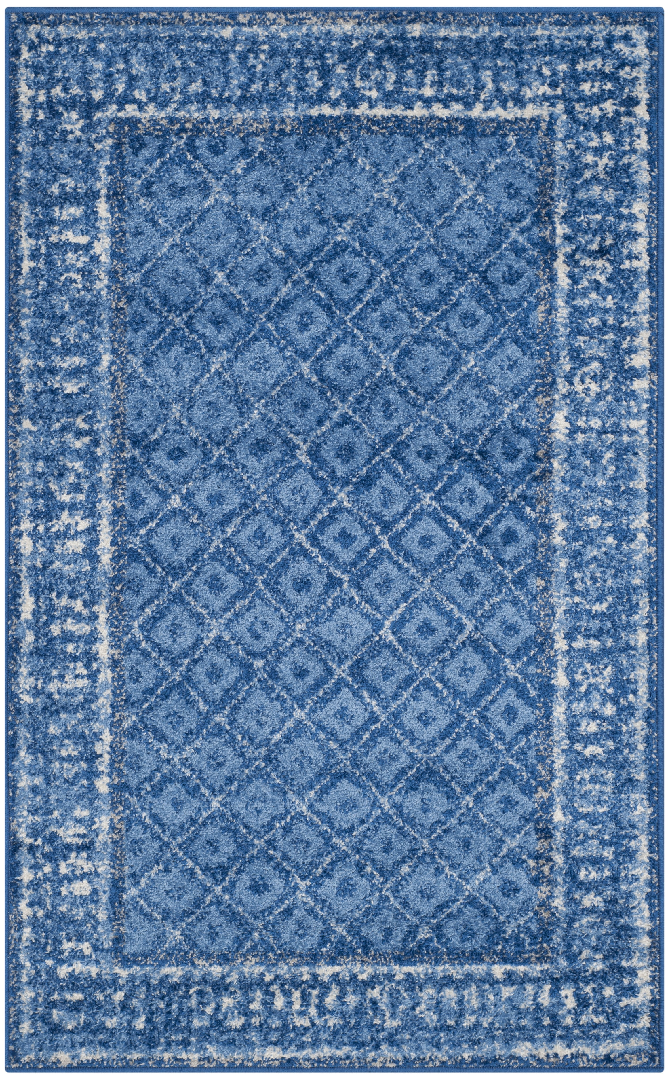 Light Blue and Dark Blue Floral Motif Area Rug