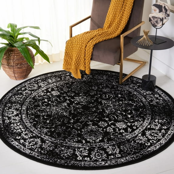 SAFAVIEH Adirondack Wyatt Traditional Distressed Area Rug, Black/Ivory, 8' x 8' Round - Transitional Modern Design, Black & Ivory, Ideal for Living Room, Bedroom, Dining Space