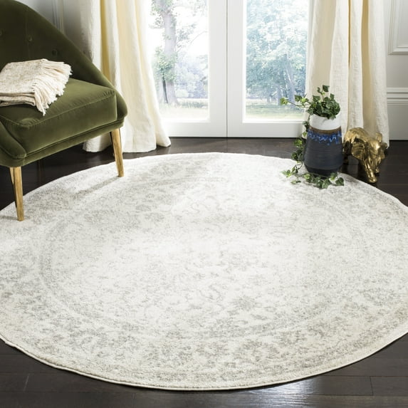 SAFAVIEH Adirondack Wyatt Traditional Distressed Area Rug, Ivory/Silver, 4' x 4' Round - Transitional Modern Design, Ivory & Silver, Ideal for Living Room, Bedroom, Dining Space