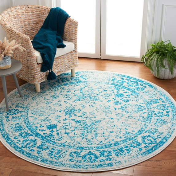 SAFAVIEH Adirondack Wyatt Traditional Distressed Area Rug, Ivory/Teal, 6' x 6' Round - Transitional Modern Design, Ivory & Teal, Ideal for Living Room, Bedroom, Dining Space