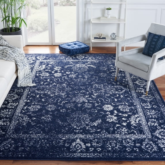 SAFAVIEH Adirondack Wyatt Traditional Distressed Area Rug, Navy/Ivory, 6'7" x 6'7" Square - Transitional Modern Design, Navy & Ivory, Ideal for Living Room, Bedroom, Dining Space
