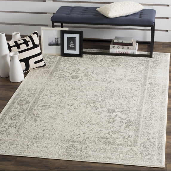 SAFAVIEH Adirondack Wyatt Traditional Distressed Area Rug, Ivory/Silver, 4' x 4' Square - Transitional Modern Design, Ivory & Silver, Ideal for Living Room, Bedroom, Dining Space