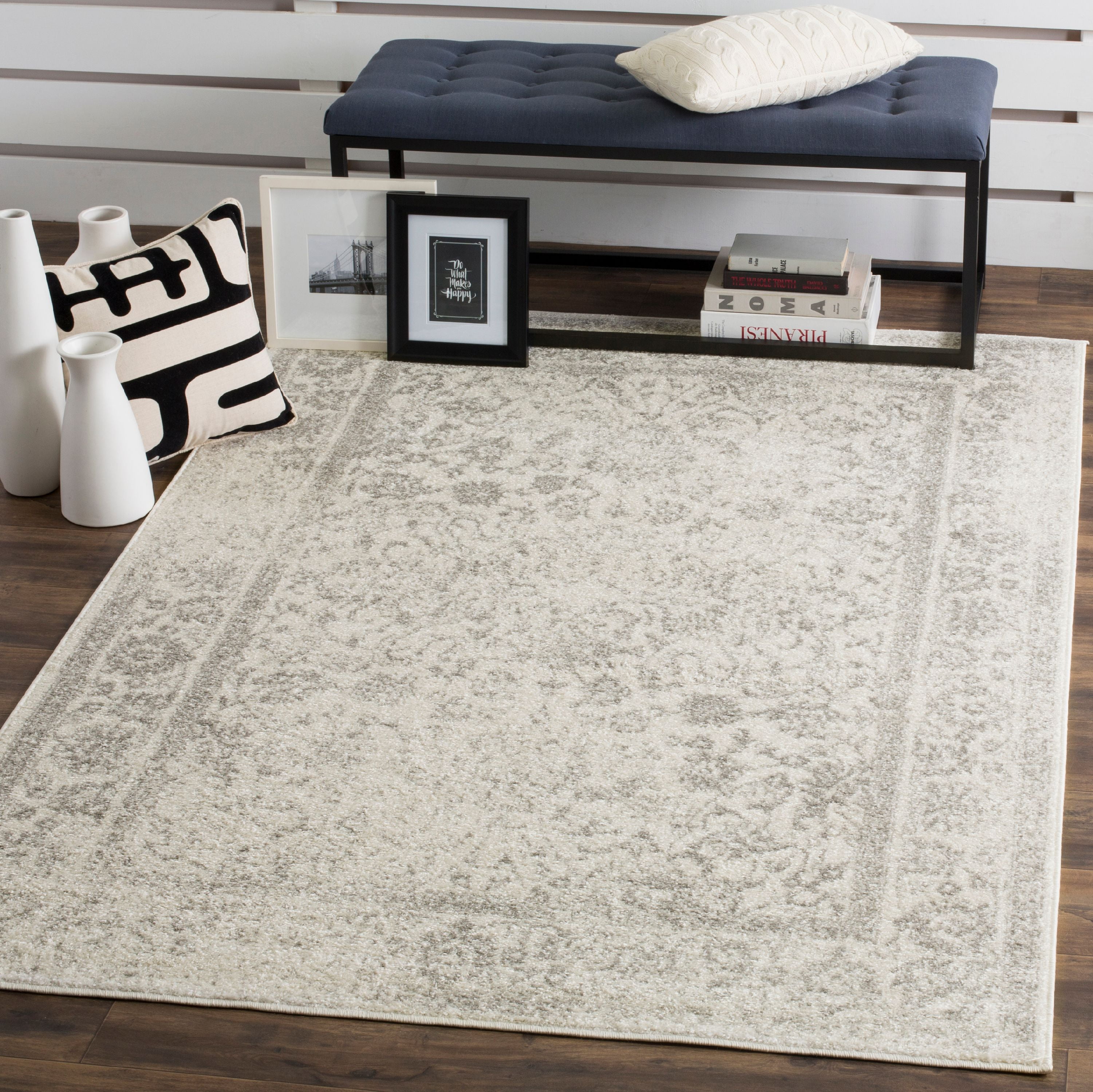 Chic Ivory & Silver 8' Square Synthetic Easy-Care Rug