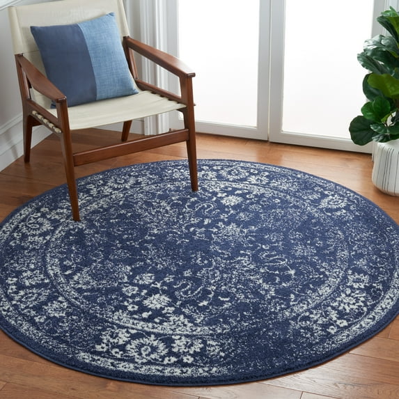 SAFAVIEH Adirondack Wyatt Traditional Distressed Area Rug, Navy/Ivory, 6' x 6' Round - Transitional Modern Design, Navy & Ivory, Ideal for Living Room, Bedroom, Dining Space