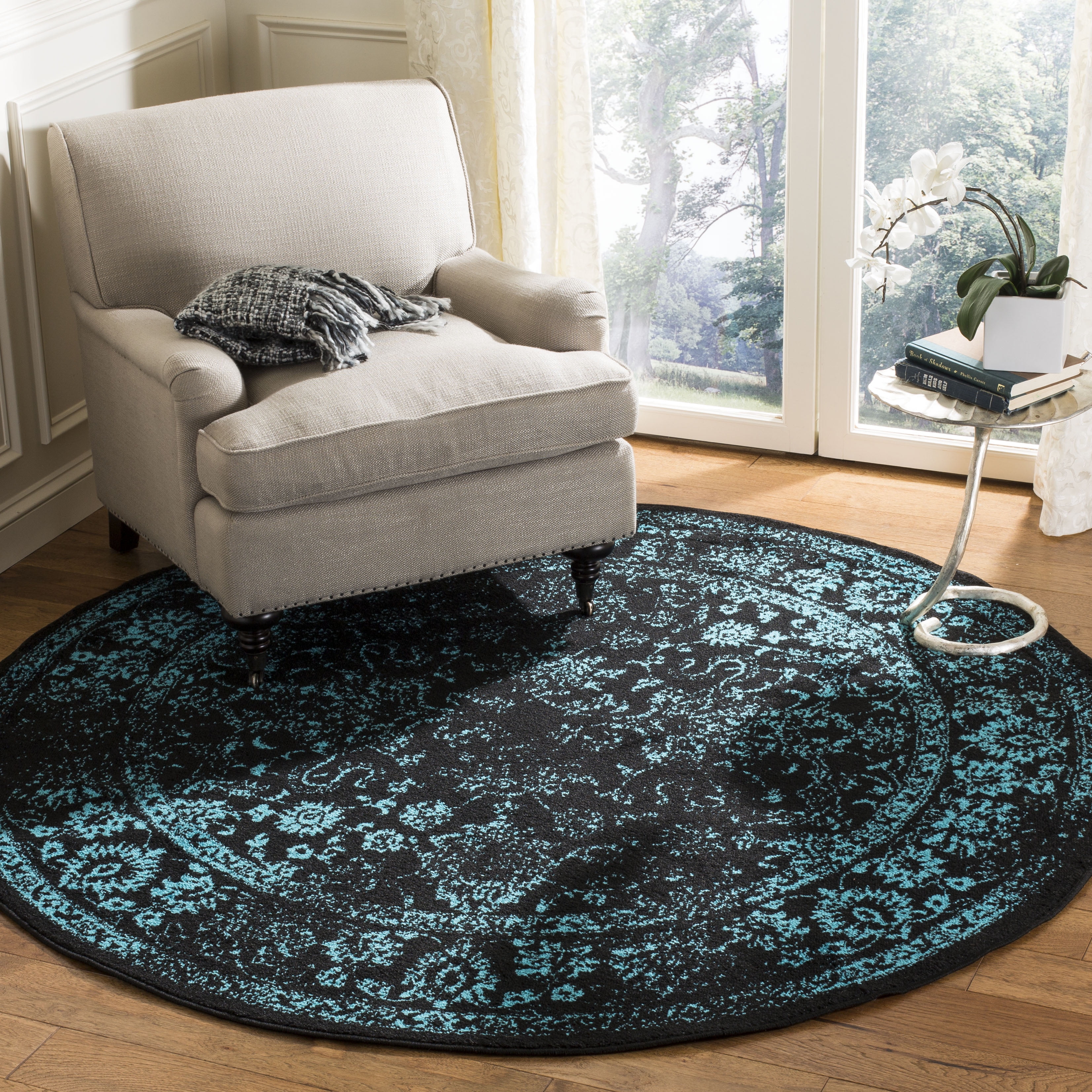 SAFAVIEH Adirondack Wyatt Traditional Distressed Area Rug, Black/Teal, 6'7" x 6'7" Round - Transitional Modern Design, Black & Teal, Ideal for Living Room, Bedroom, Dining Space