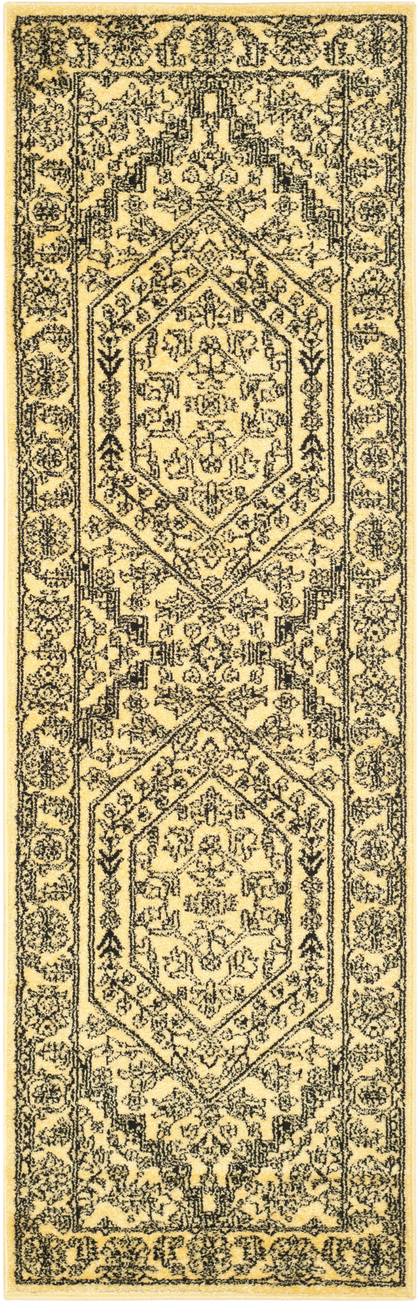 Gold and Black Synthetic Rectangular Boho-Chic Runner Rug