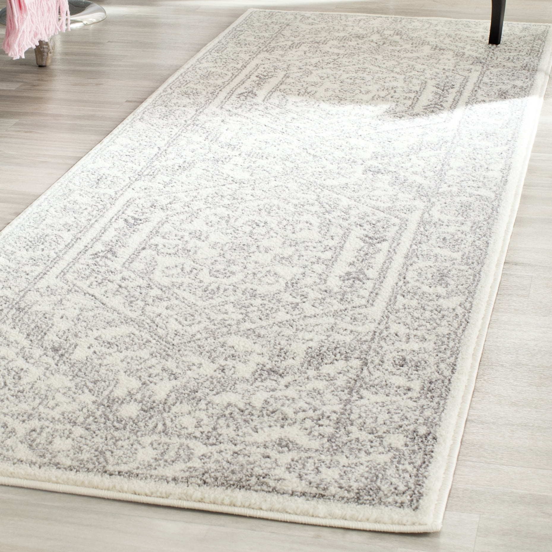 Ivory and Silver Medallion Synthetic Runner Rug