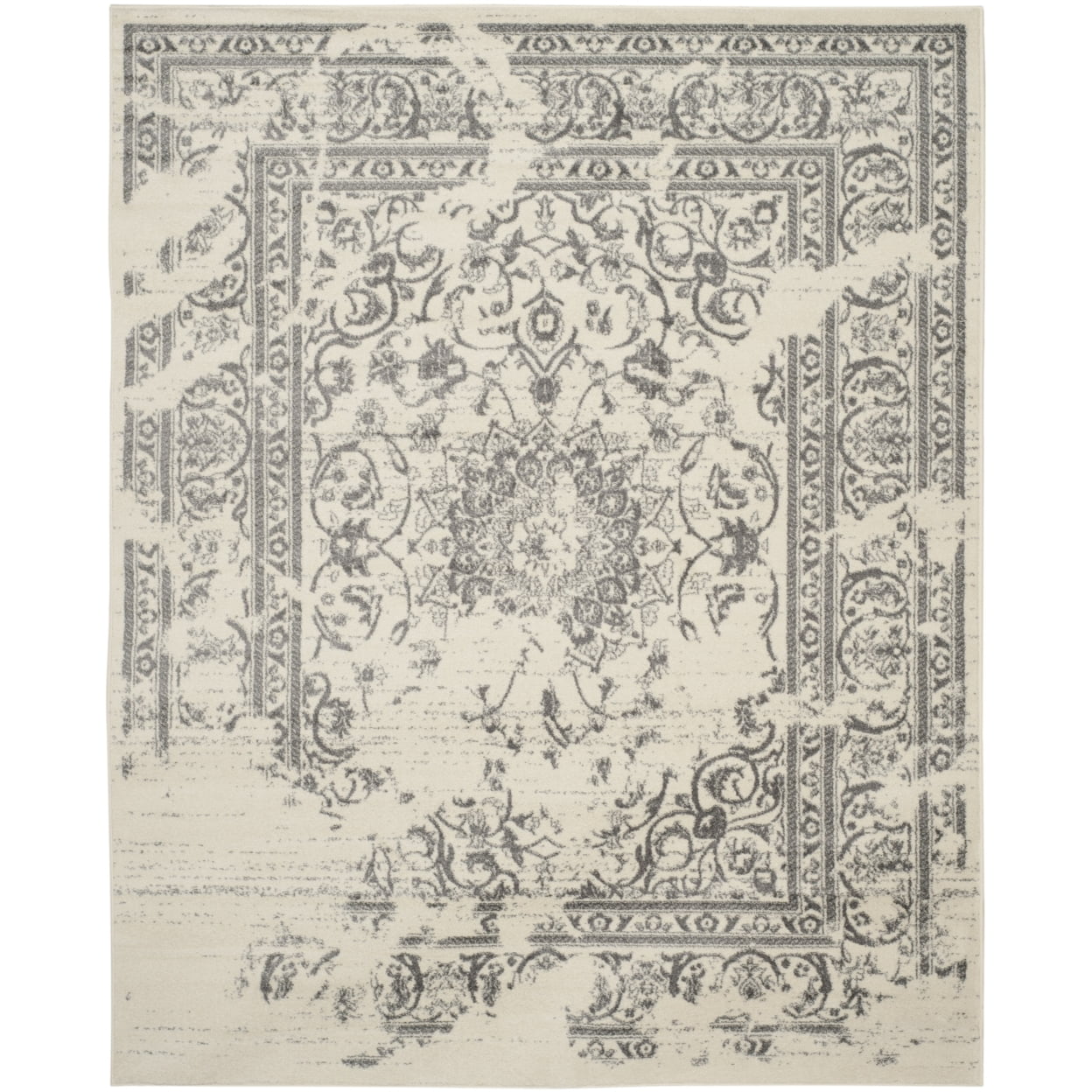 Ivory and Silver Rectangular Synthetic Runner Rug, 12' x 18'