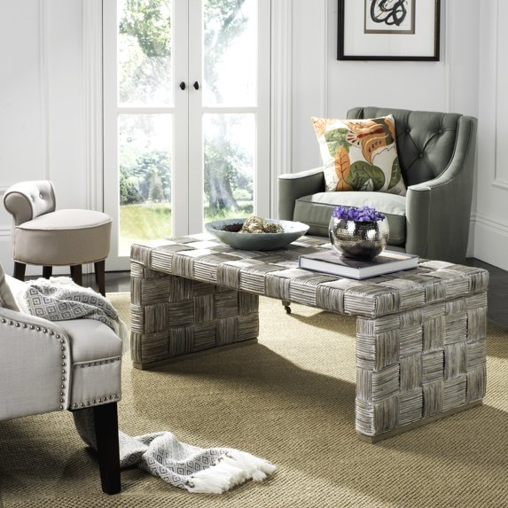 SAFAVIEH Adkin Coastal Checkered Rattan Coffee Table, White Wash