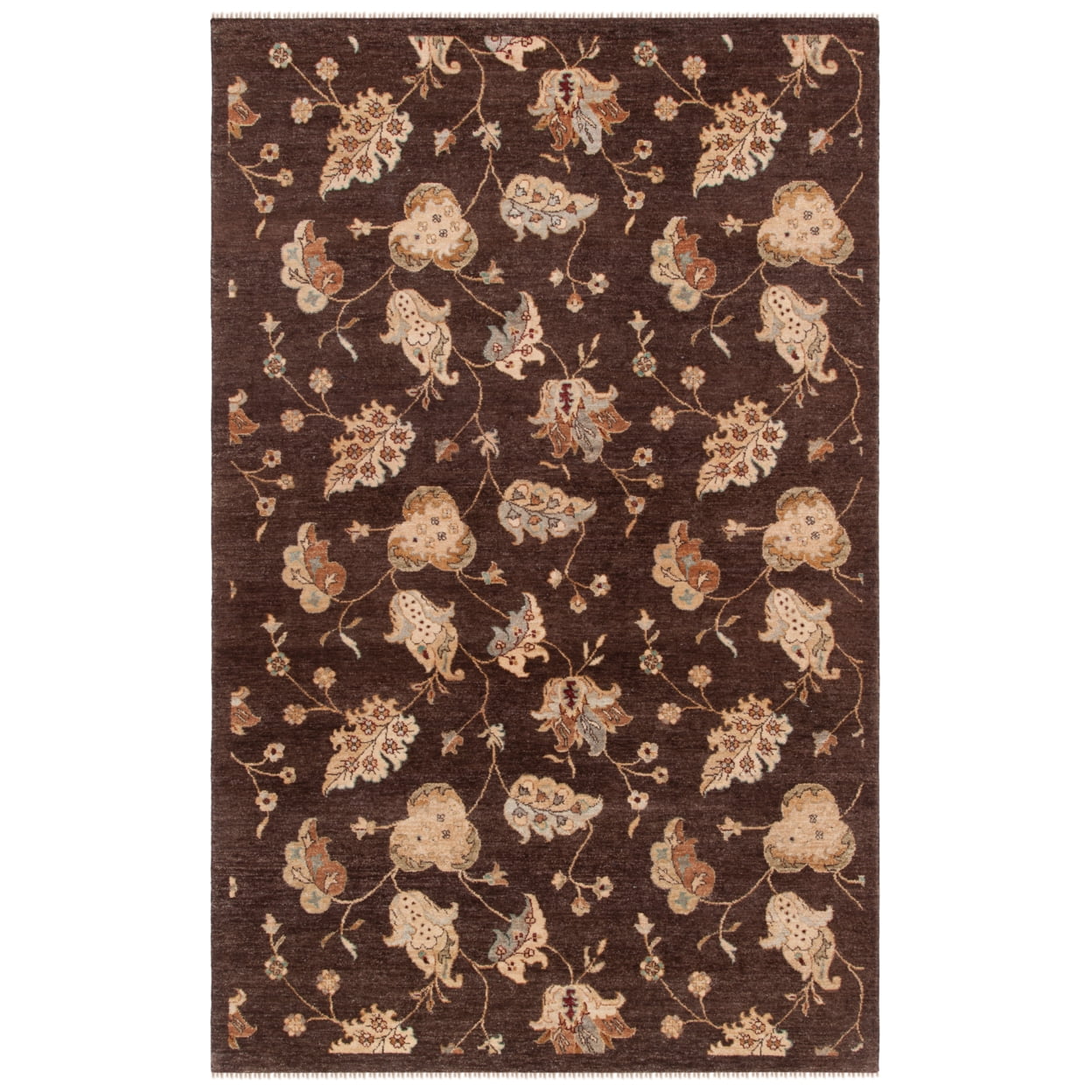 Hand-Knotted Brown Wool Floral 4' x 6' Area Rug