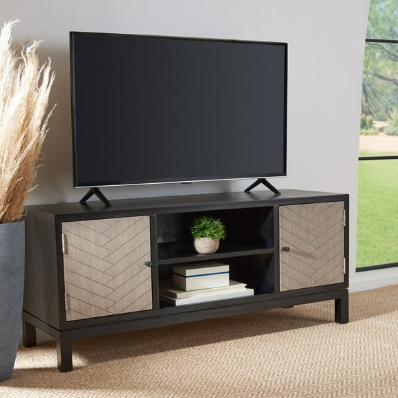SAFAVIEH Ajana 2 Door 1 Shelf Media Stand, Black /Greige Doors (47.3 in. W x 15.8 in. D x 20 in. H)