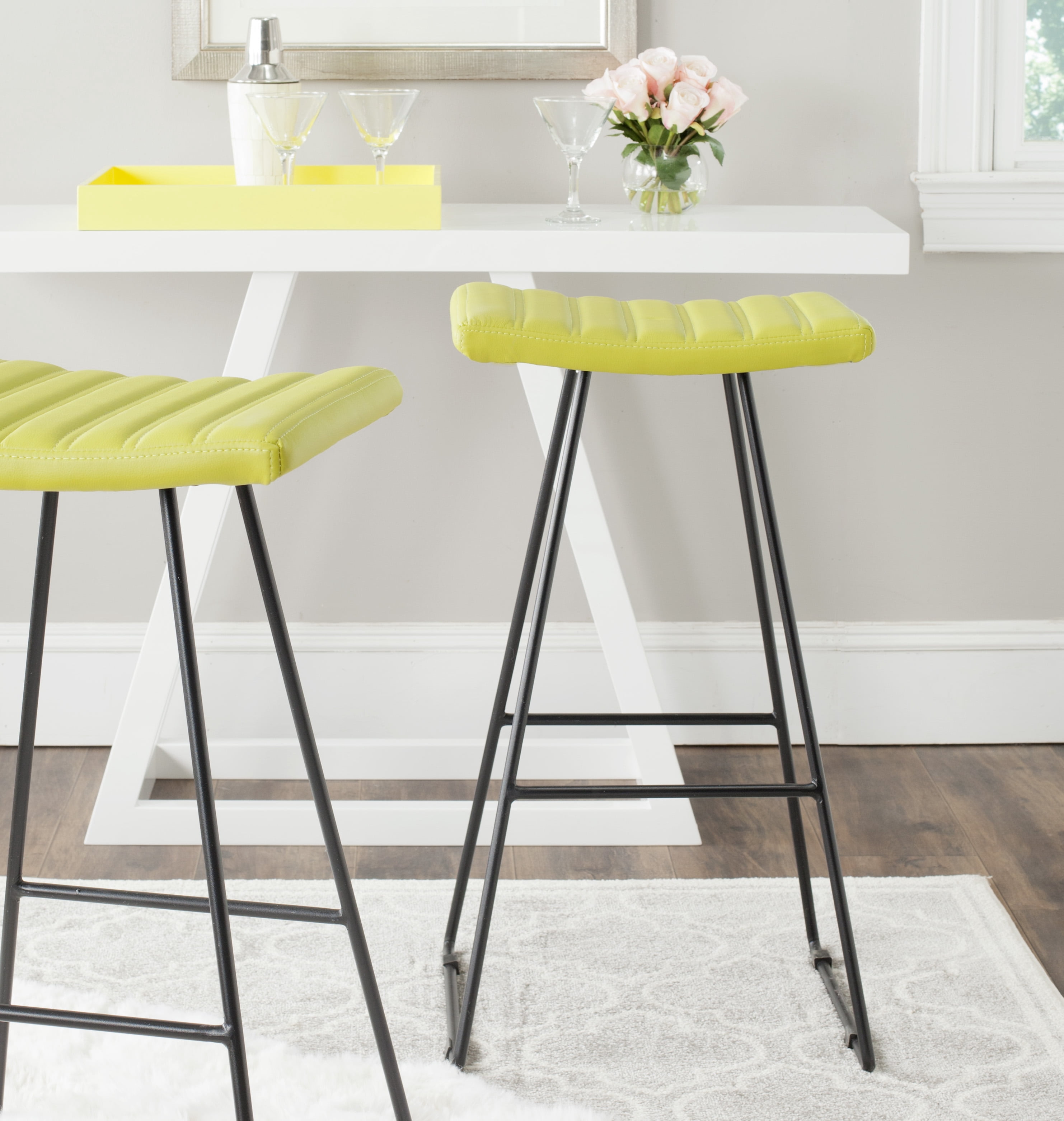 SAFAVIEH Akito 30"H Mid-Century Bar Stool, Green/Black, Set of 2