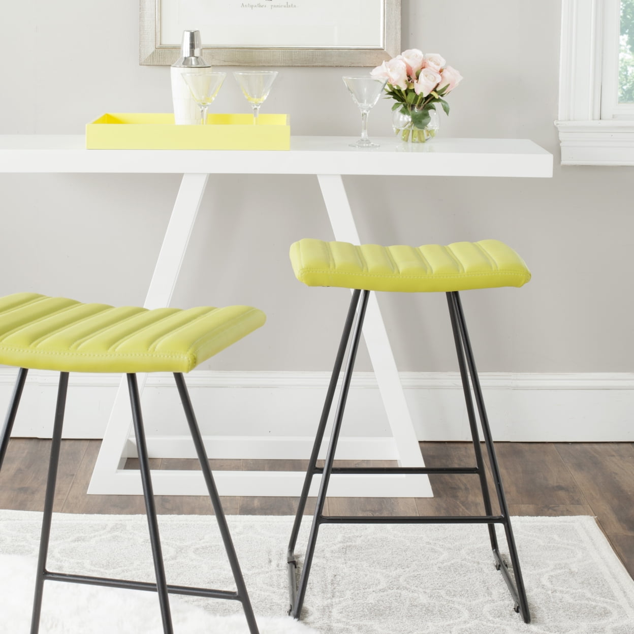 Transitional Akito Green Leather Counter Stool with Metal Frame