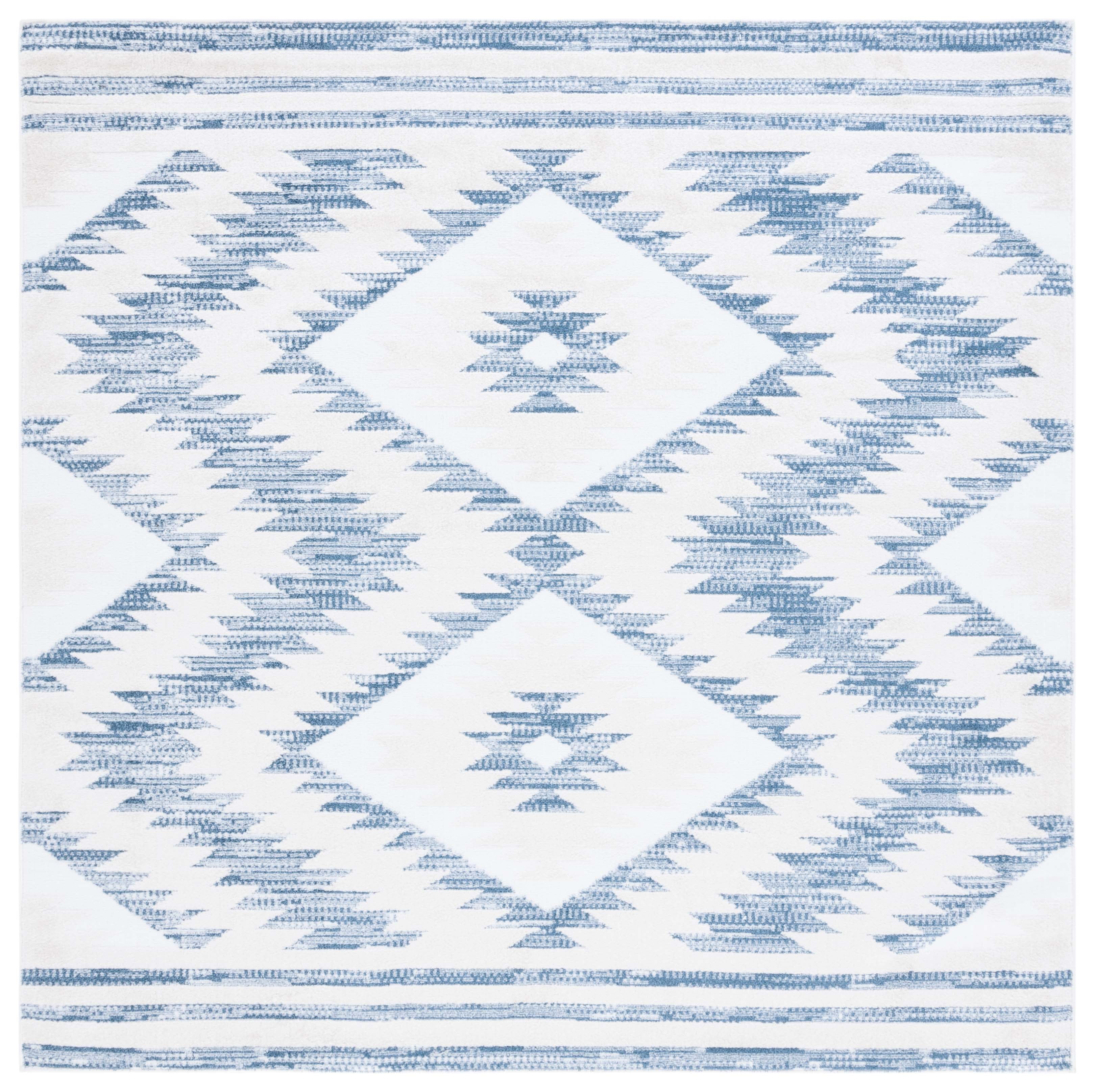 SAFAVIEH Alamo Stamen Geometric Area Rug, Ivory/Blue, 6'7" x 6'7" Square