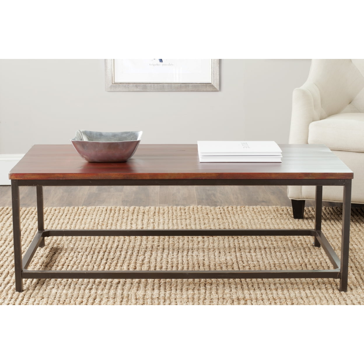 Distressed Maroon Walnut Wood and Metal Rectangular Cocktail Table